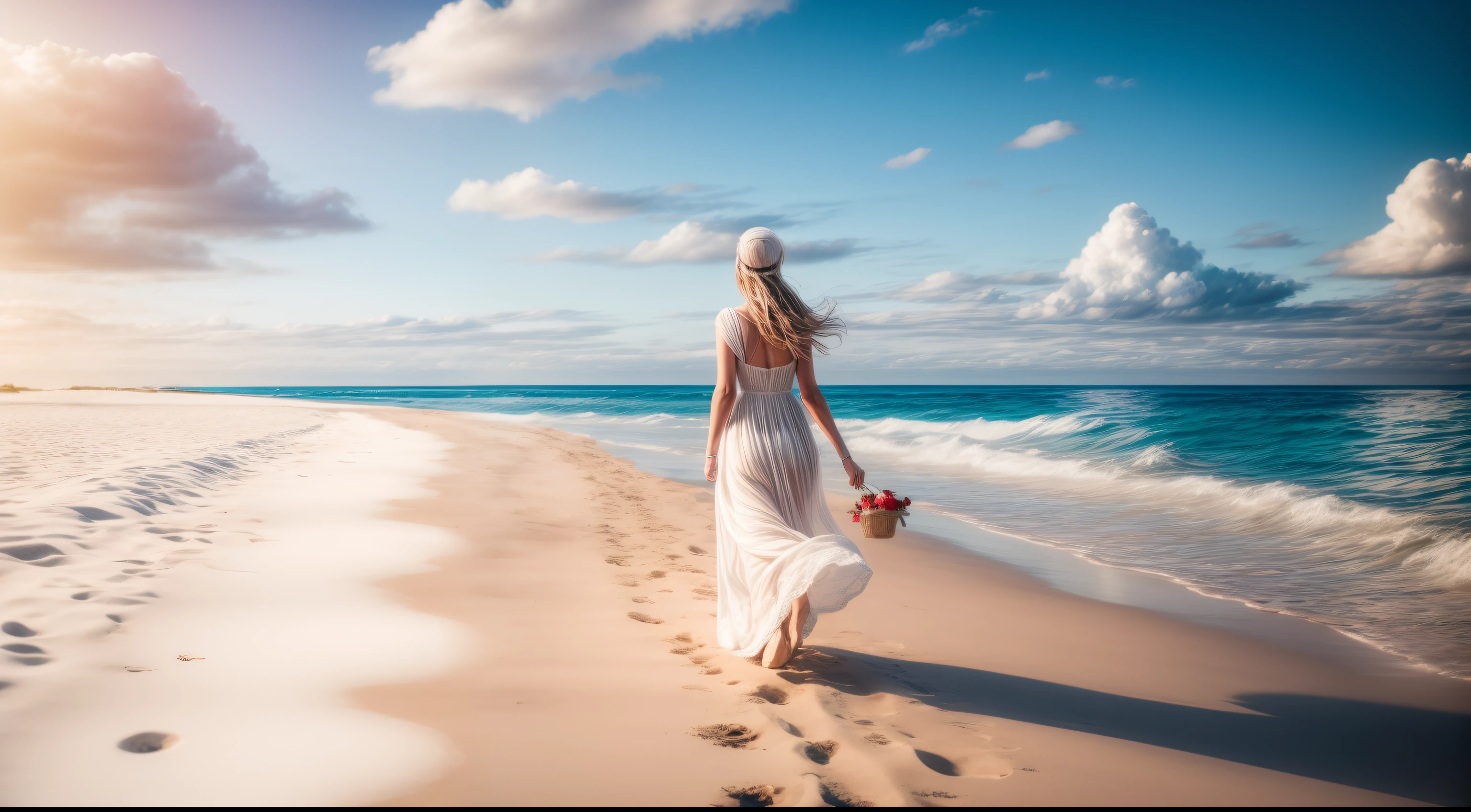 delicate scene,depth of field, 8K, beautiful woman, A woman strolling on the beach with headphone, The ivory sky,white clouds,and sunlight shine on the snow-white beach. The coral sea,and many colorful tinny shells on the beach,red roses