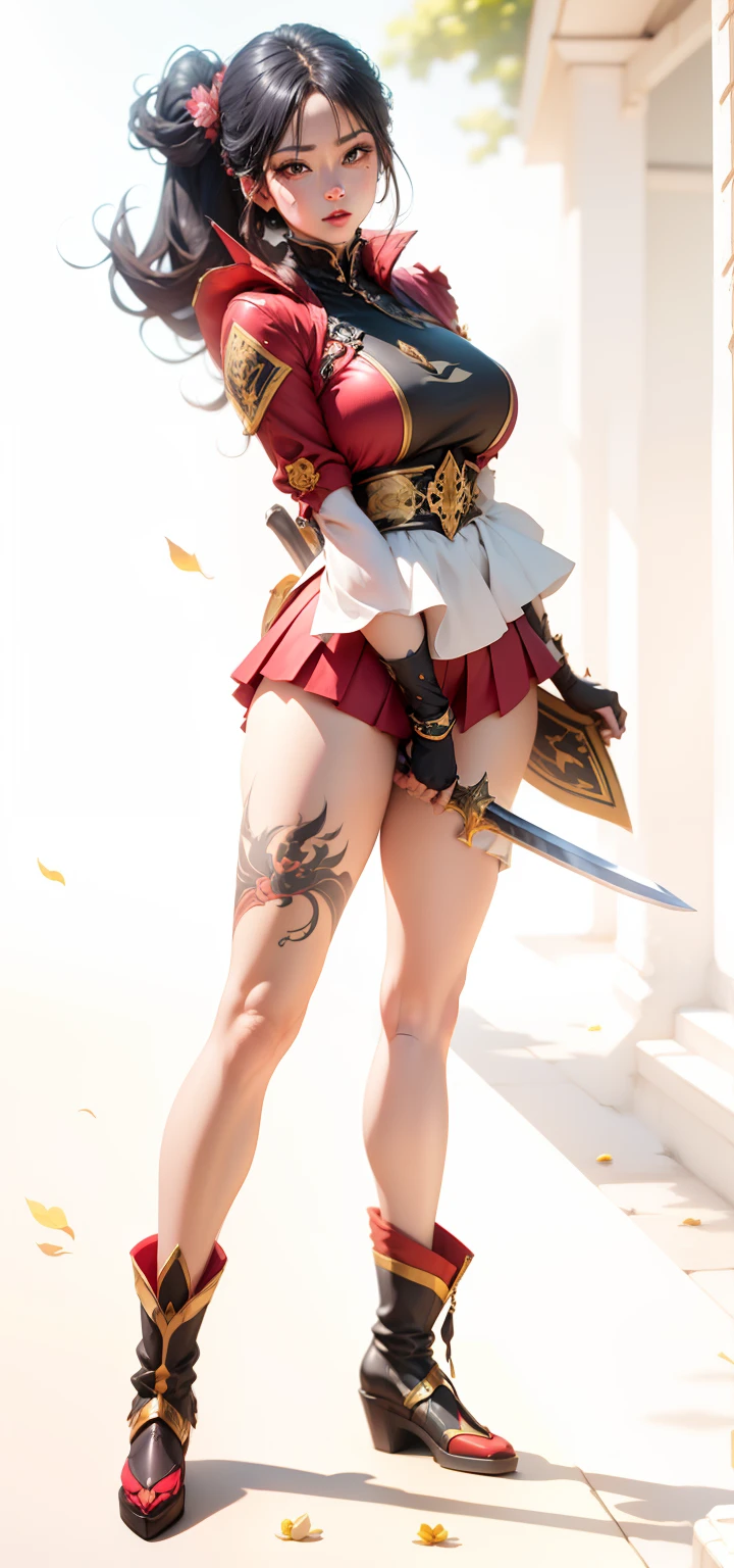 Raised sexy，plumw，Realistis，rays of sunshine，Thick lacquer anime，photorealestic，Royal Sister，Tattooed with，short  skirt，Boots，There is a big sword behind his back，Carry a big sword，illustration，hyper realistic anime，bloomcore