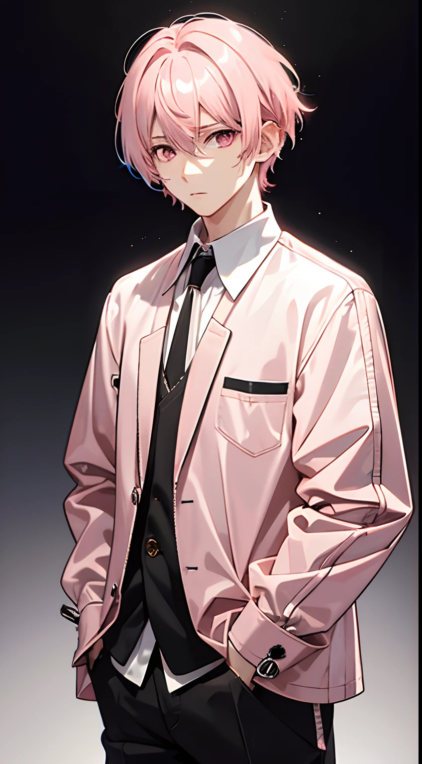 1boy, ((light pink hair color)) , short hair, black clothes, (light pink eyes color)