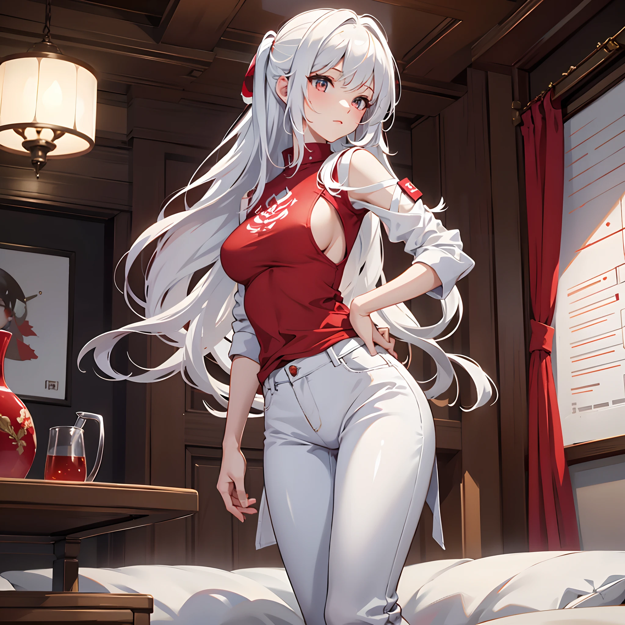 tmasterpiece, hiquality, detailing, A girl, white pants, Red shirt, backboob, Indoors, white colored hair