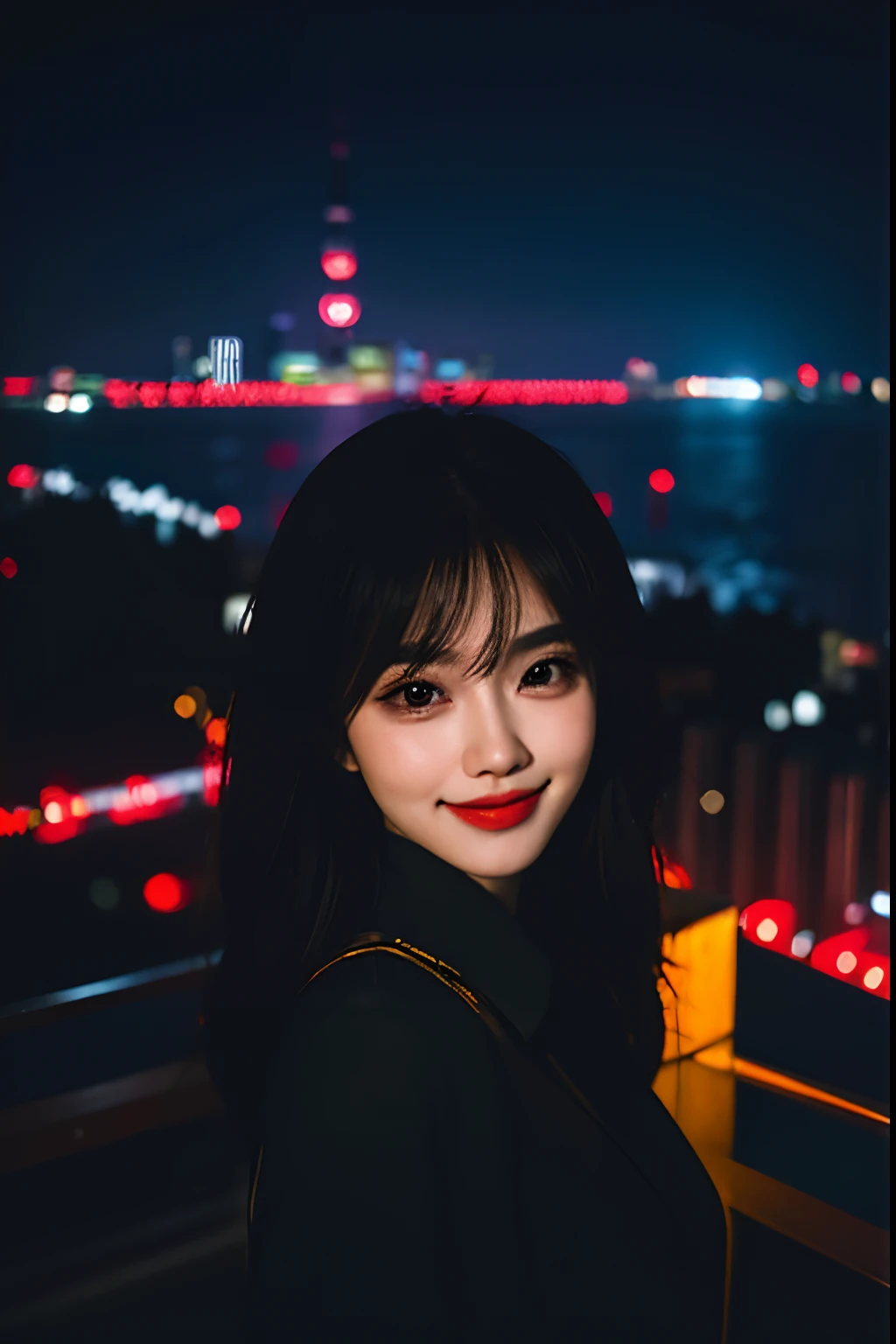 1girl, shanghai night, night, cityscape, city lights, upper body, close-up, 8k, RAW photo, best quality, (masterpiece:1.4), realistic, photo-realistic, (closed smile:1.2), kpop idol makeup, soft smile