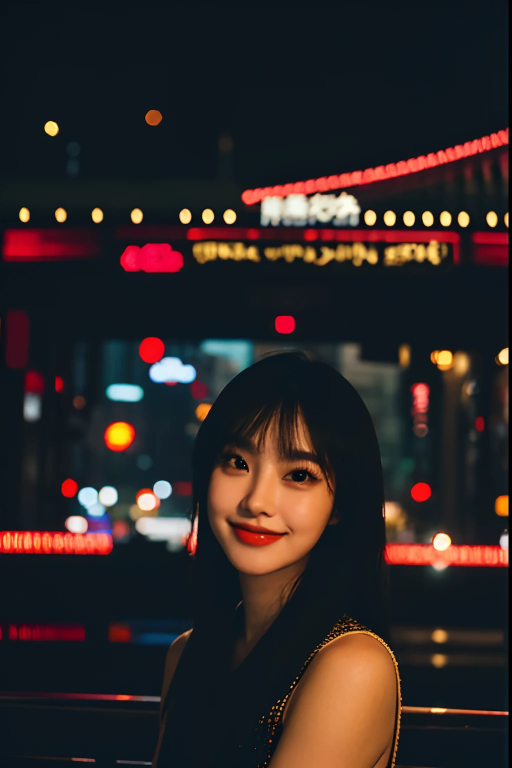 1girl, shanghai night, night, cityscape, city lights, upper body, close-up, 8k, RAW photo, best quality, (masterpiece:1.4), realistic, photo-realistic, (closed smile:1.2), kpop idol makeup, soft smile