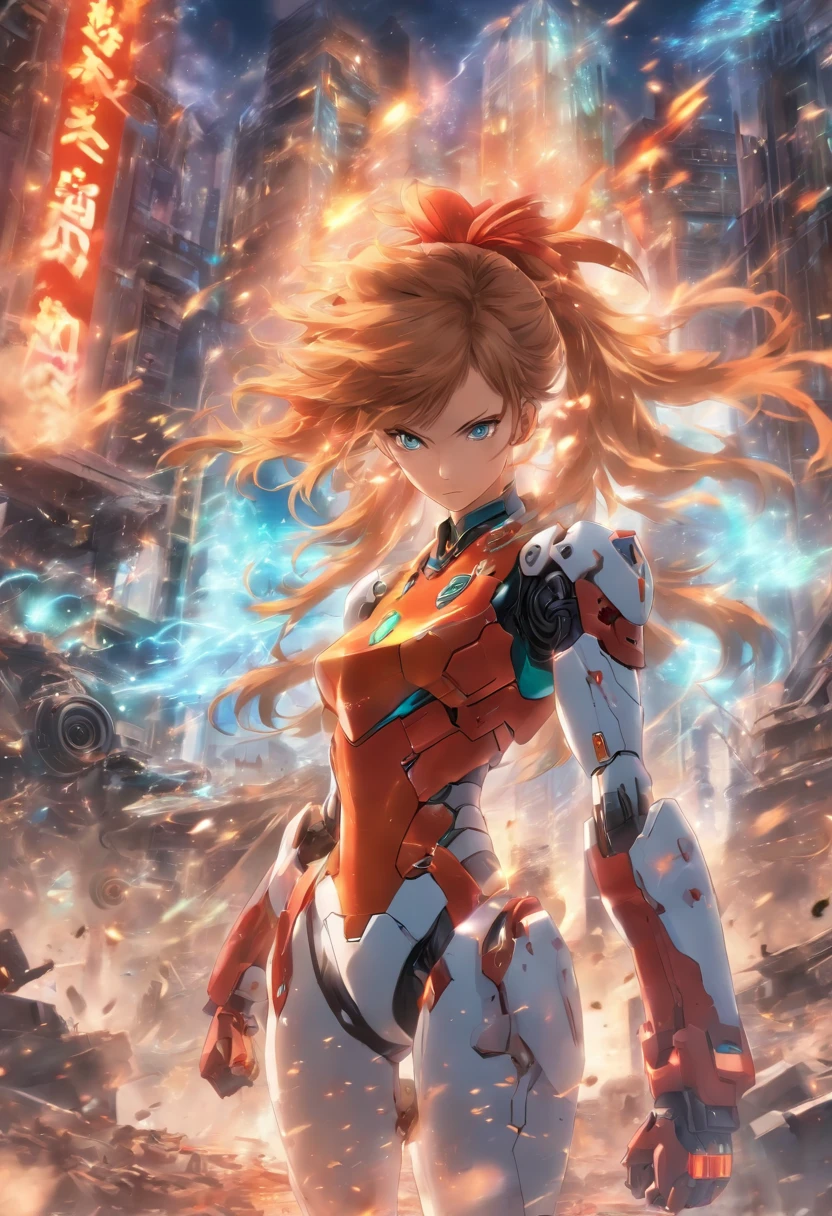 evangerion２Asuka posing with the machine in the background,Ruined city,loimu,explosions,
