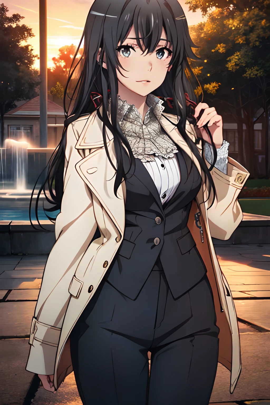 ((Masterpiece)), (((highest quality)))), ((Ultra detail)), (Ultra realistic), (Highly detailed CG illustrations), (Very delicate and beautiful), Girls as masterpieces, highest quality, realistic skin, realistic fabrics, realist illustrations focusing on girls with realistic and ultra-detailed eyes in the center front. This is the absolute rule, and the following sentence expresses the image quality. It is the greatest masterpiece in the history of the class of Inuitsuki Ichigo, in which the owner of the greatest painting talent in human history met an unparalleled beauty and risked his life to depict the most beautiful figure. Create stunning anime artwork that is currently trending on seaStation, showcasing exquisite beauty and captivating aesthetics. There is a large fountain in one corner of the park at elegant dusk. Bright flowers bloom around it, and their beauty fascinates visitors. Draw how the fountain's splashes reflect the light of the setting sun and shine. Standing in front of the fountain is a woman whose name is Yukinoshita yukino . Her black, straight hair shines golden from the light of the setting sun. Her big blue eyes emit a mysterious glow like a starry sky and fascinate those who watch them. Her white, transparent skin has a snow-like beauty. Her little pink lips are healing people with a gentle smile. Yukinoshita Yukino wears tailcoat butler . SHe wears a  shirt under jacket tailcoat with tight pants , and golden buttons adorn her shirt . Her jeans is a white tight , beautifully painted fluttering in the wind. Describe the white jeans and black tailcoat jacket at her feet, with the tips of the loafers shining in the light of the setting sun. Around Yukinoshita yukino , the gazes of people staring at her are gathered. However, she walks freely around the fountain, not bothering by its gaze. Her beauty and freedom captivate and make the viewer feel hap