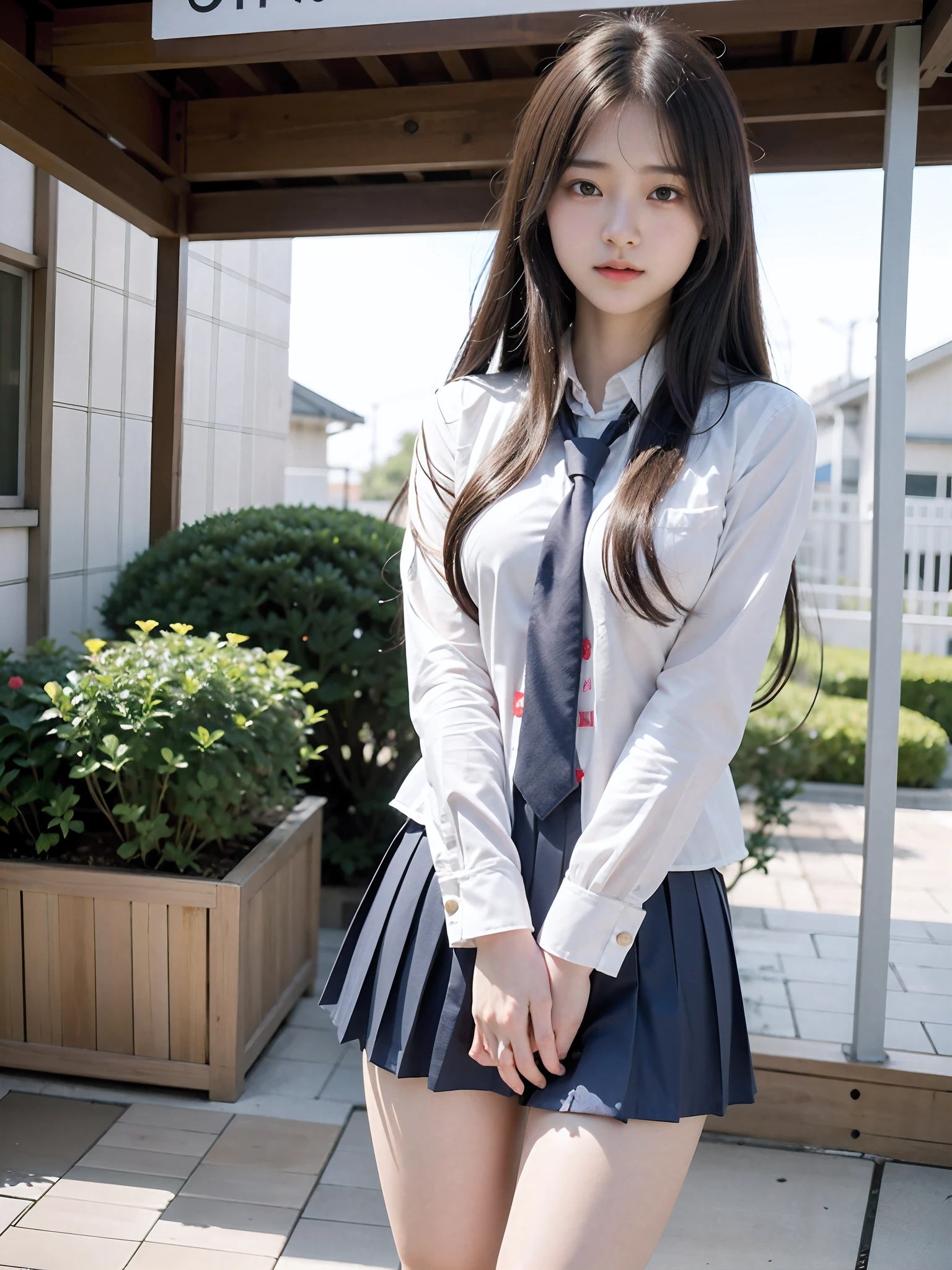 pedestrian walkway，RAW photos，8K，HighestQuali， 超高分辨率，Beautiful face details，Real human skin，Blushing and shy expression，leaning-forward，up front view，From the angle below，Long hair with a shawl，realisticlying，realisticlying，adolable，short  skirt，Stand deep in the city，cute female student，Japanese schoolgirl uniform，Wearing a Japanese school uniform，校服，Surreal high school girl，full bodyesbian，