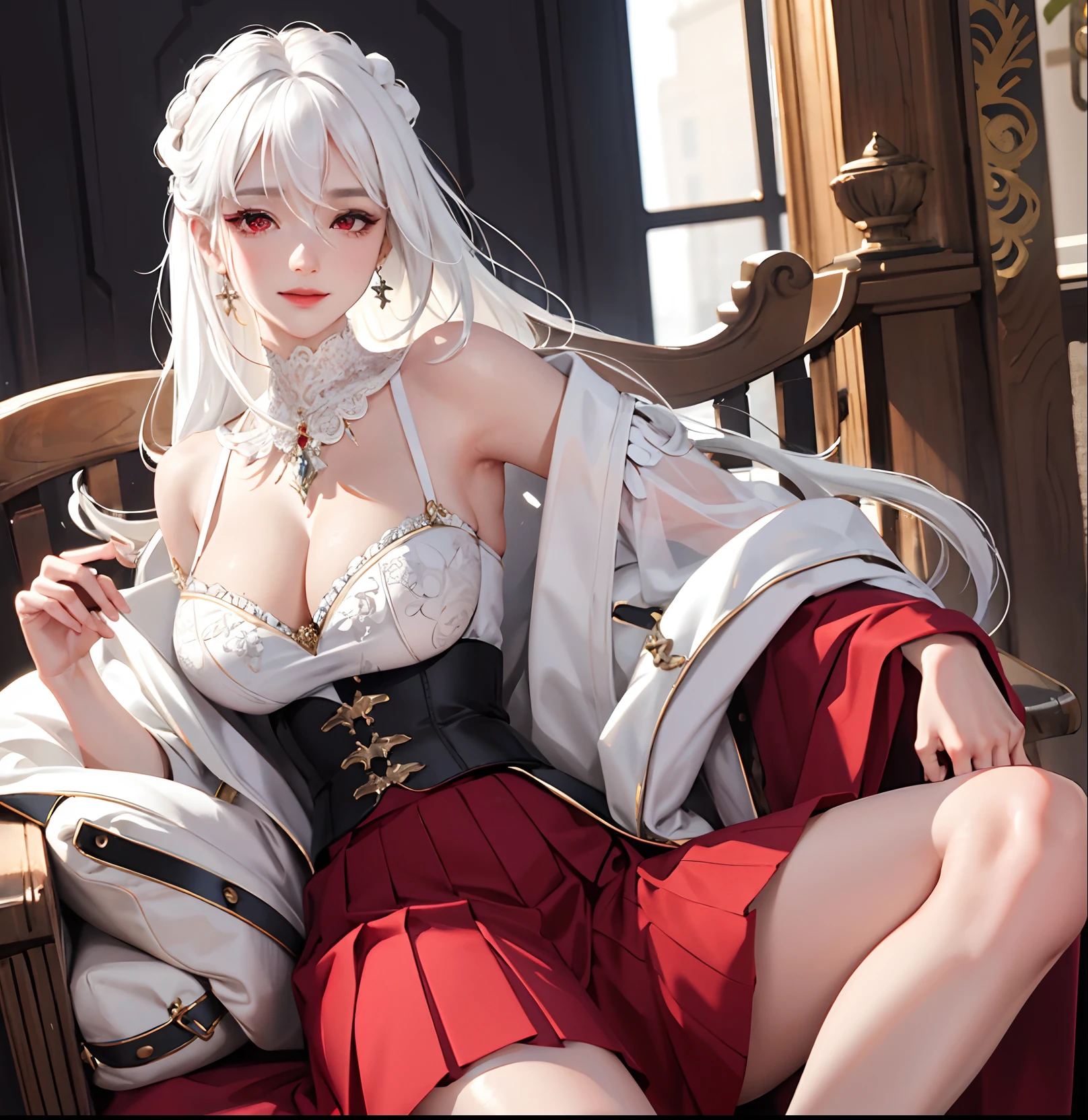 (masterpiece:1.2, best quality), (real picture, intricate details), 1lady, solo, upper body, fancy, Fancy setting, long hair, minimal makeup, natural fabrics, close-up face, smile, school, long white hair, bangs, hair bangs, bangs between eyes, red eyes, big breasts, big tits, big butt, fancy clothing, goddess, skirt, pleated skirt, goddess clothing, detailed, white hair, WHITE, red eyes, face closeup