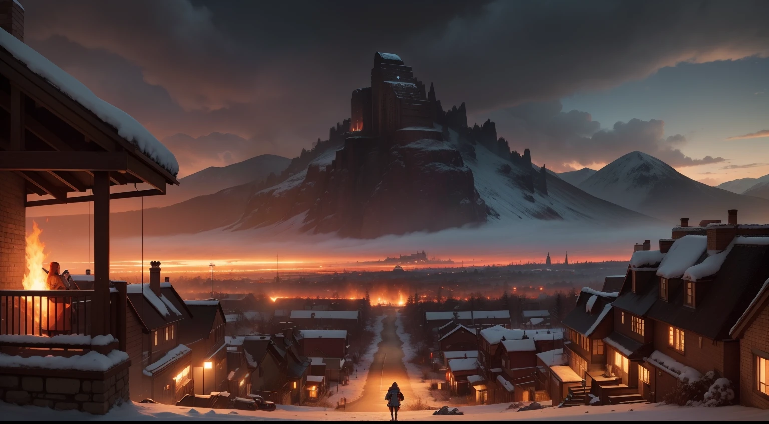 Panoramic view of Emberwood, with Faye standing in front of the fire station, looking out at the town she protects.