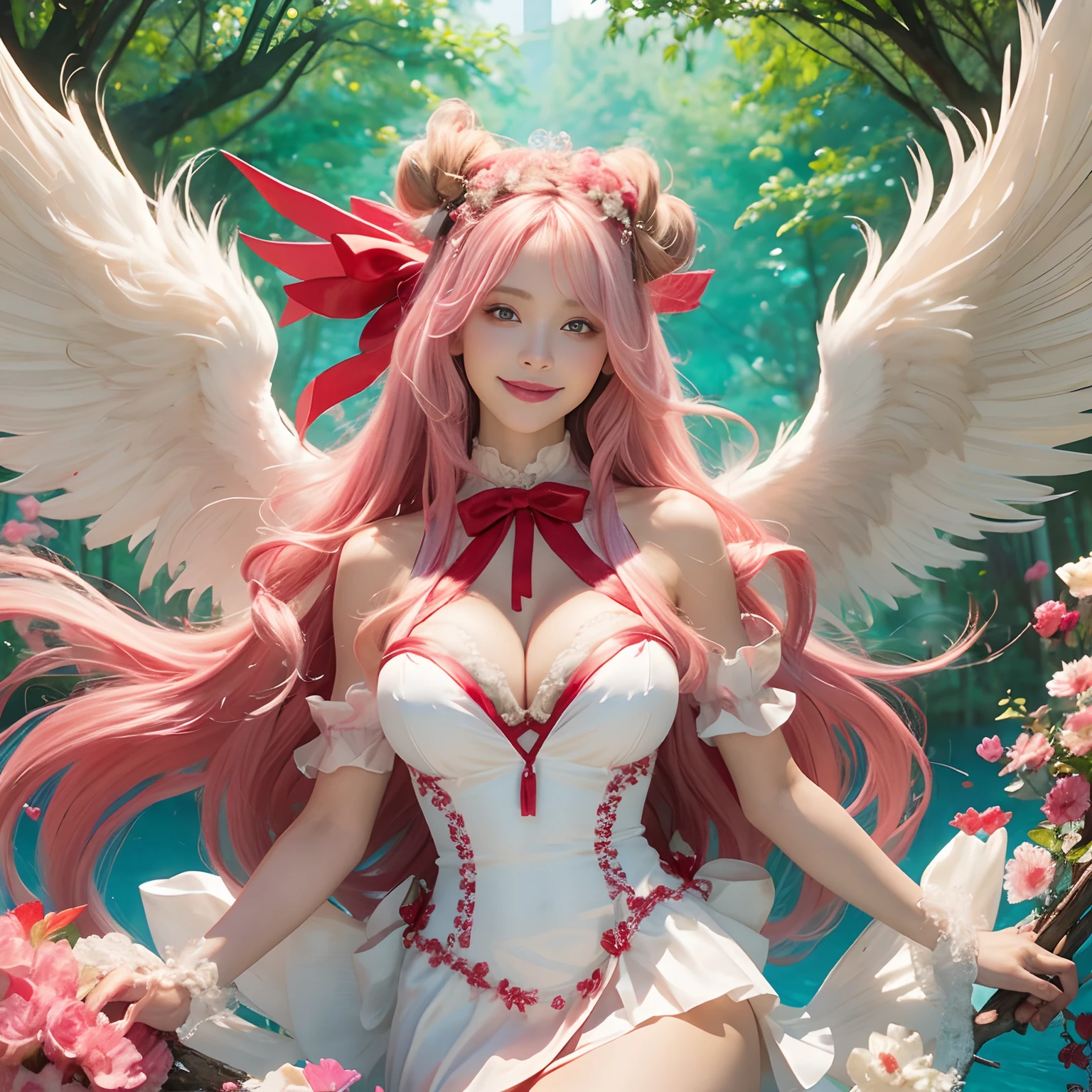 Women in Their 20s、fantasy worlds、offcial art, unity 8k wall paper, ultra-detailliert, beautifly、Aesthetic, ​masterpiece, top-quality, Photorealsitic、A hyper-realistic、Beautuful Women、detailed costume、depth of fields, Fantastic atmosphere, Calm palette, tranquil mood, Soft shading、Soft skin、very large breast、cleavage of the breast、Mischievous smile、a female angel、Cupid the Woman、White and pink costume、short flared skirt、Light pink hair、Twin-tailed、Red ribbons、the presence of swan feathers on the back,,,,:1.6、Bow and arrow with heart symbol:2.0、Red heart-shaped arrowhead:2.0、Floating in the sky、Marble Temple、lake in the middle of a forest、Red bow and arrow、White headdress、bow and arrow、the presence of wings on the back、Stone ruins、Castles