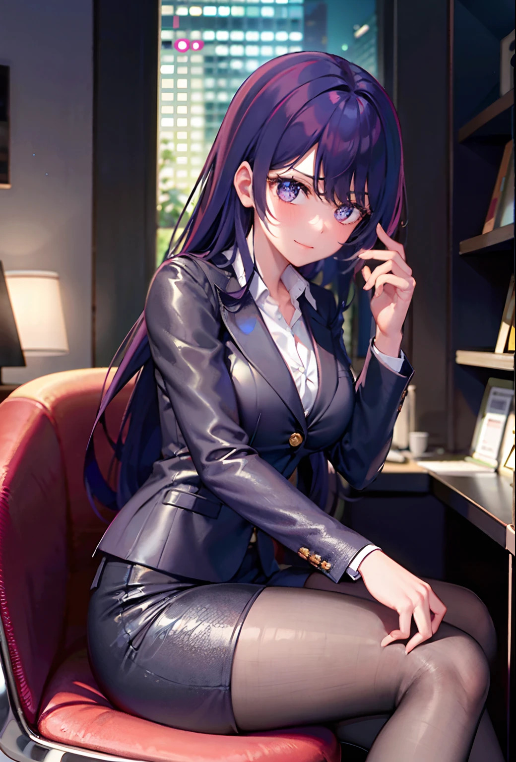 one-girl((There is a five-pointed star in the eye))A girl with long purple hair, powerful and confident businesswoman in a tailored suit with buttons undone. She is sitting on a leather chair in an elegant and sophisticated corporate setting, she's at her elegant office