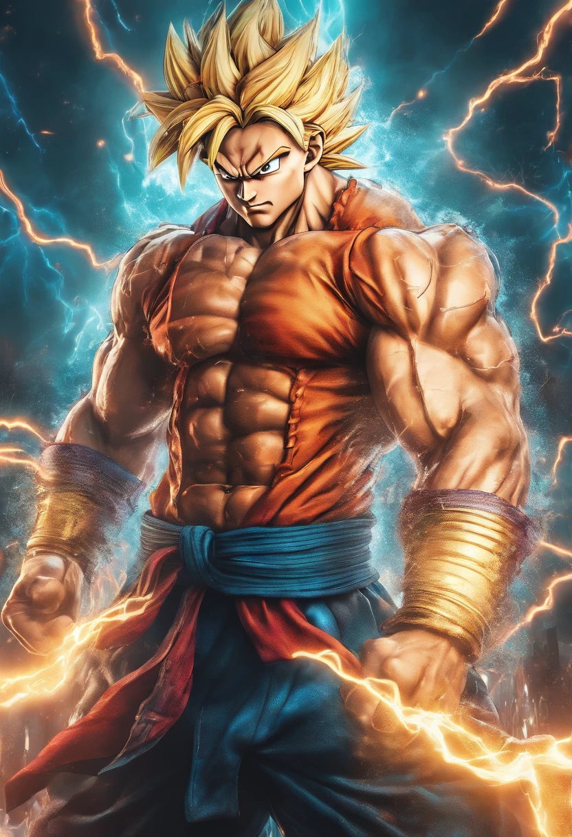 realistic 3d rendering of goku super saiyan fused aquaman, surrounded by lightning, big muscular, full body photography, hyperrealistic