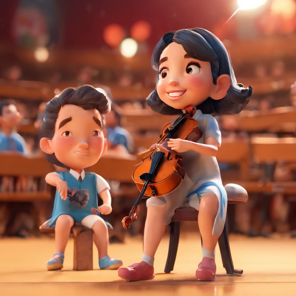Super cute Pixar-style caricature of a 9--old in violinist girl, who takes her first bus trip. She looks happy, surrounded by her fellow symphony bandmates., high detail, high detail, anime style, Ukiyo-e, blind box toy style, 1080P, 4K, super detail, award winning