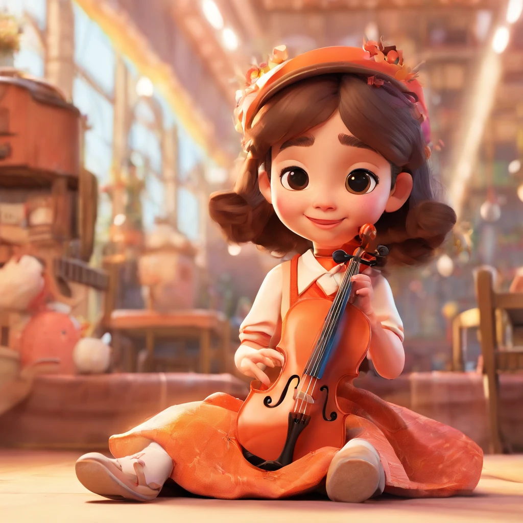 Super cute Pixar-style caricature of a 9-year-old Latin violinist girl, who takes her first bus trip. She looks happy, surrounded by her fellow symphony bandmates., high detail, high detail, anime style, Ukiyo-e, blind box toy style, 1080P, 4K, super detail, award winning