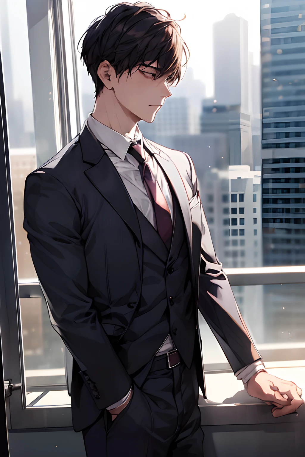 1boy, face focus, adult, business suit, jacket, white shirt, necktie, pants, best quality, hires, detailed face, office, buildings from window, detailed background, diffused sunlight, depth of field, bokeh