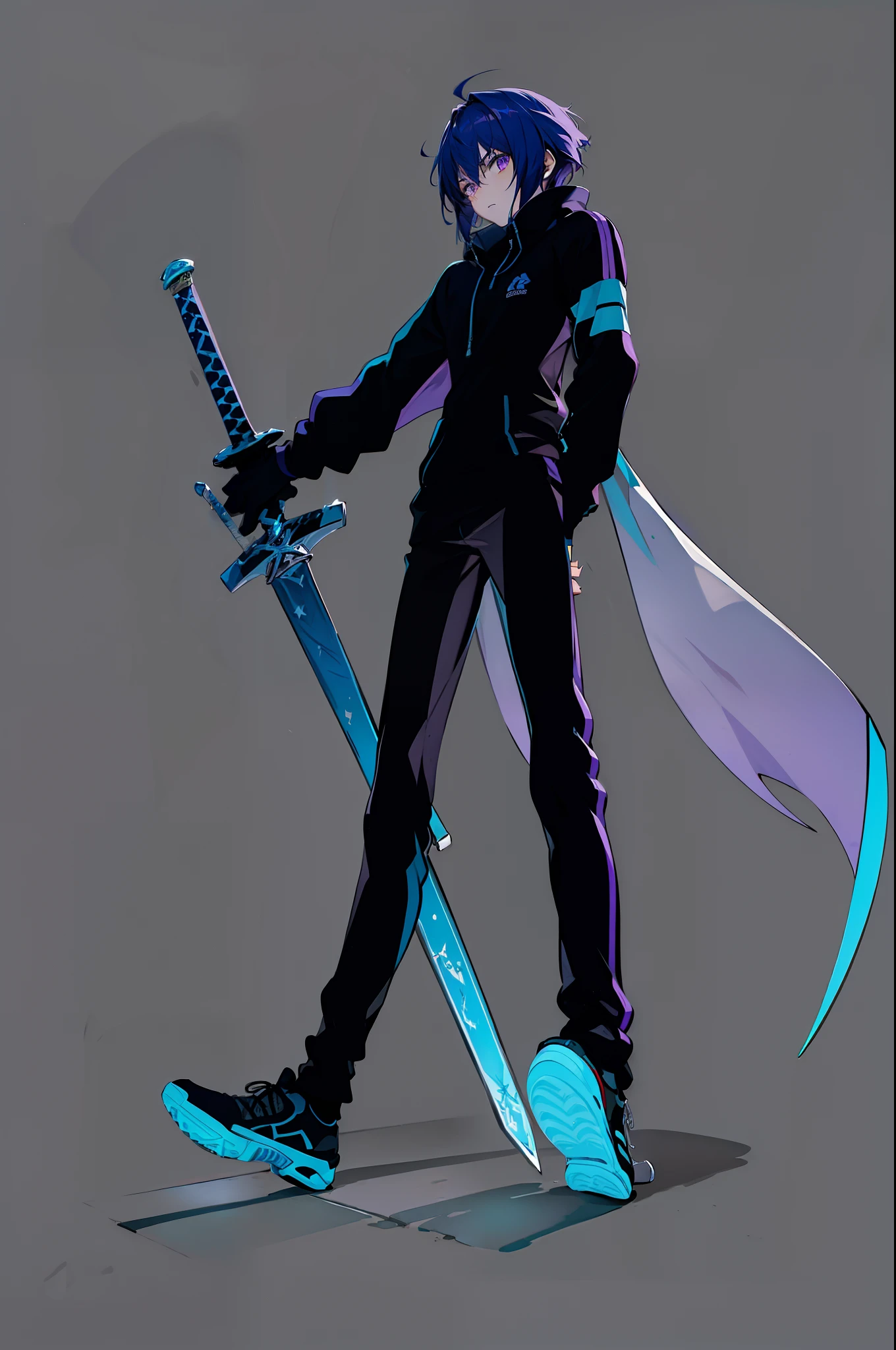 (masterpiece:1.5)(bestquality)highlydetailed,deep,1boy, male,vibrant purple hair,serious expression,(short hair:medium length:0.8),(sword),intense shadows,athletic sneakers