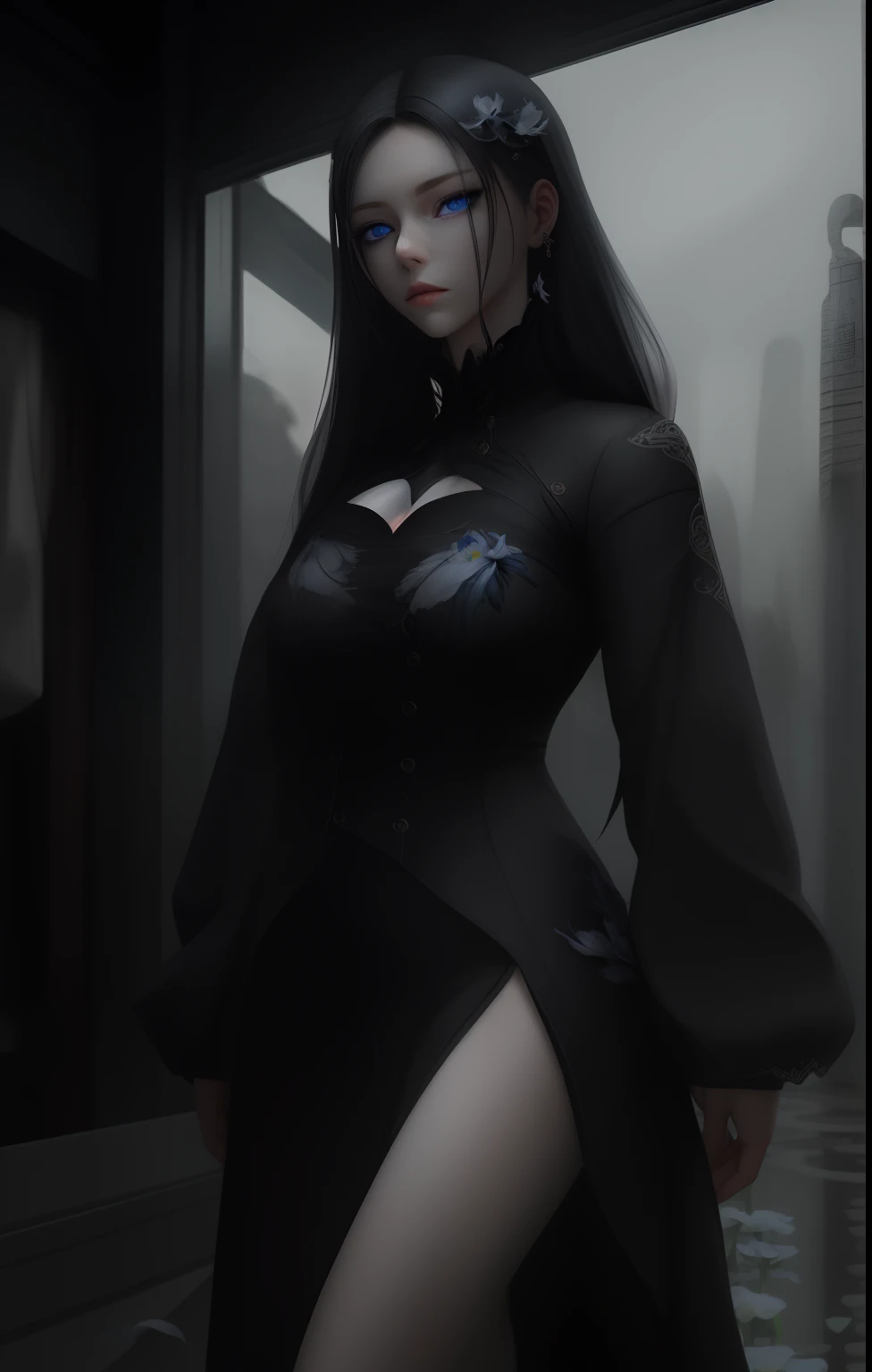 Two-dimensional, black-haired girl, long hair, high ponytail, tall figure, big chest, cheongsam, black silk, high heels, thin waist, long legs, thin legs, bare shoulders, super clear, a lot of details, kneeling, flushed, drenched, sweaty