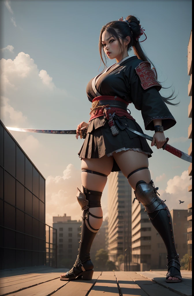 PhtotoReal, hyper realistic, samurai giant hybrid, 1girl, solo, (4x bigger than a building:1.3), urtladetailed beatufull face, full body, head to toe, Katana, buildings background, best Quality, masterpiece, 4K