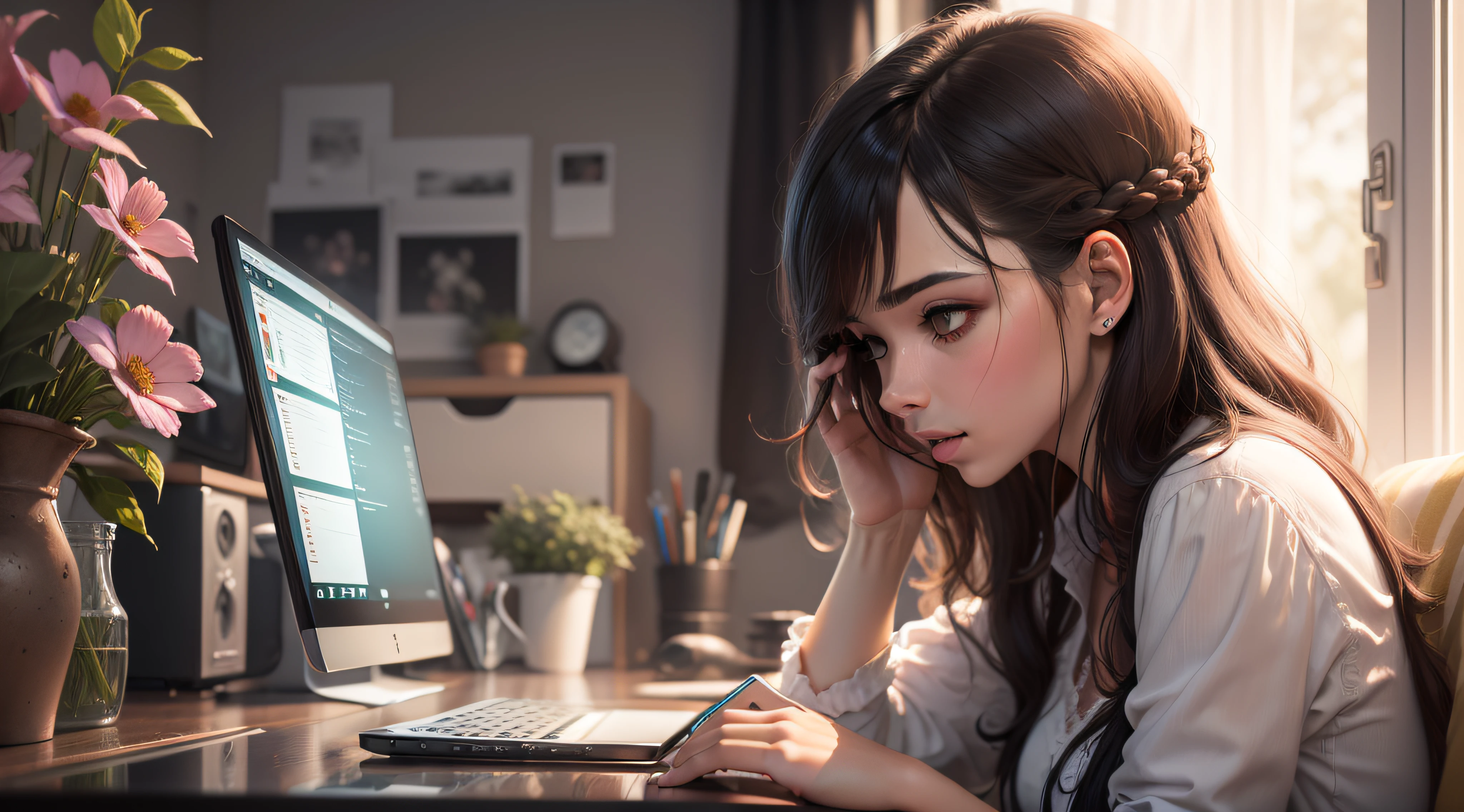 Woman in romantic vibes, flores, quarto, fone de ouvido, sentada estudando e olhando para o computador, fone de ouvido