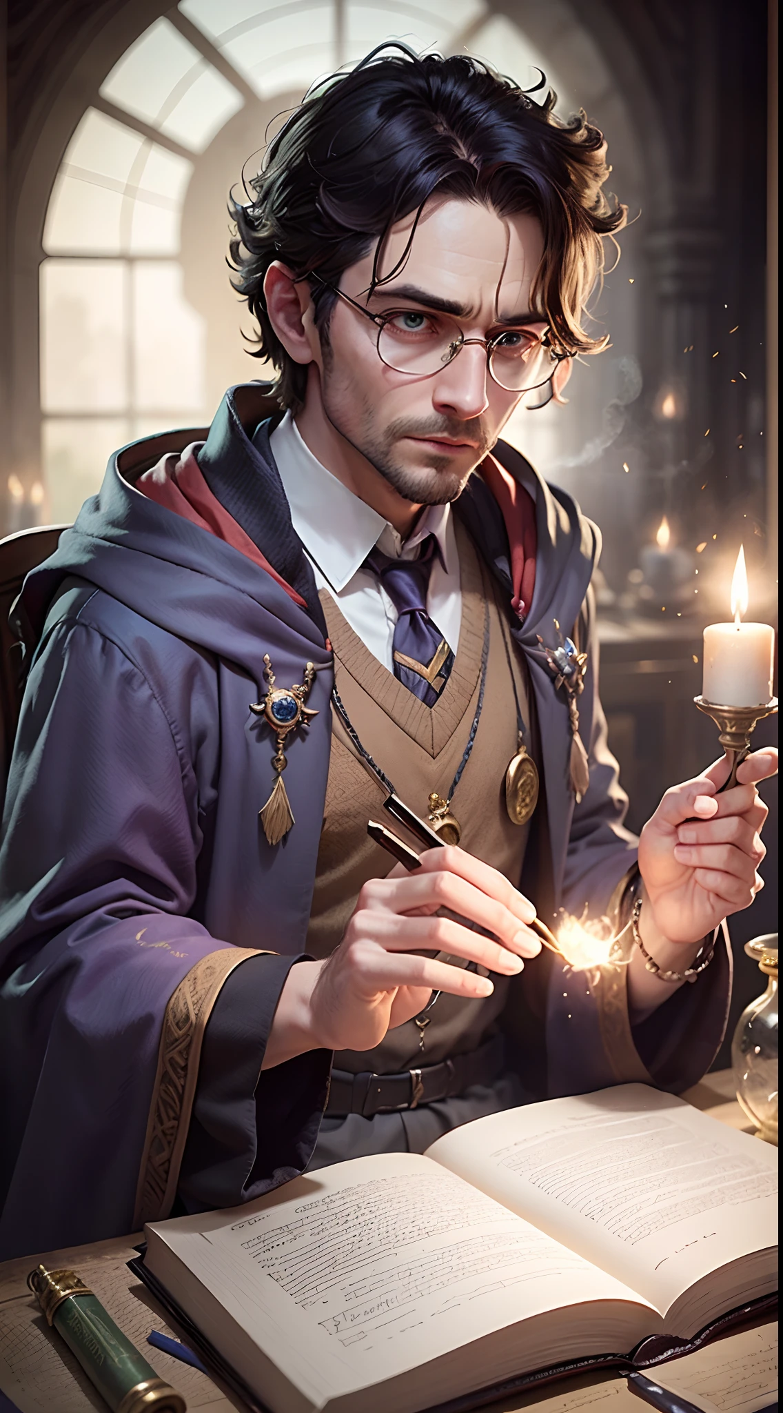 (Male magic teacher in the Harry Potter universe), A look of determination,A vibrant magic mystery potions classroom, Magic Book, Cast a magic wand, Flashing spell effect, Spin the robe, Engaging lectures, Engaging storytelling, Enigmatic Atmosphere, Flashing candlelight, Spells and charms, Wonderful exams, Wizard test, Brewing potions, intense concentration, magical artifacts, enchanting spell, Engaging course。"