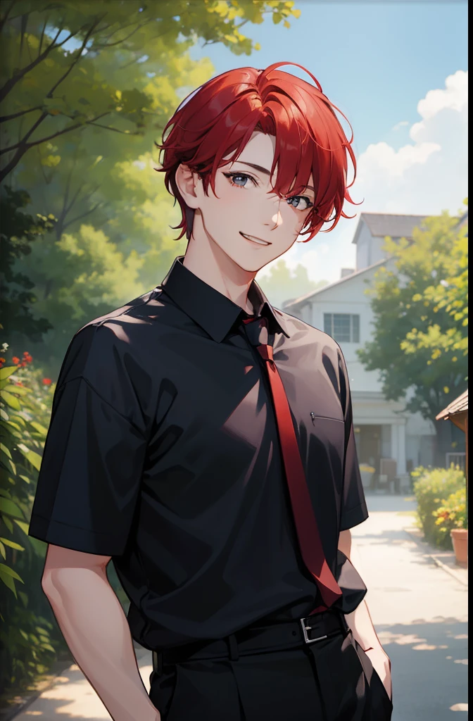 1boy, detailed features, Red-haired, Plain Black Blouse, vibrant colors, realistic lighting, high quality, pencil sketch, outdoor scene, smiling, relaxed posture, summer clothes, surrounded by nature