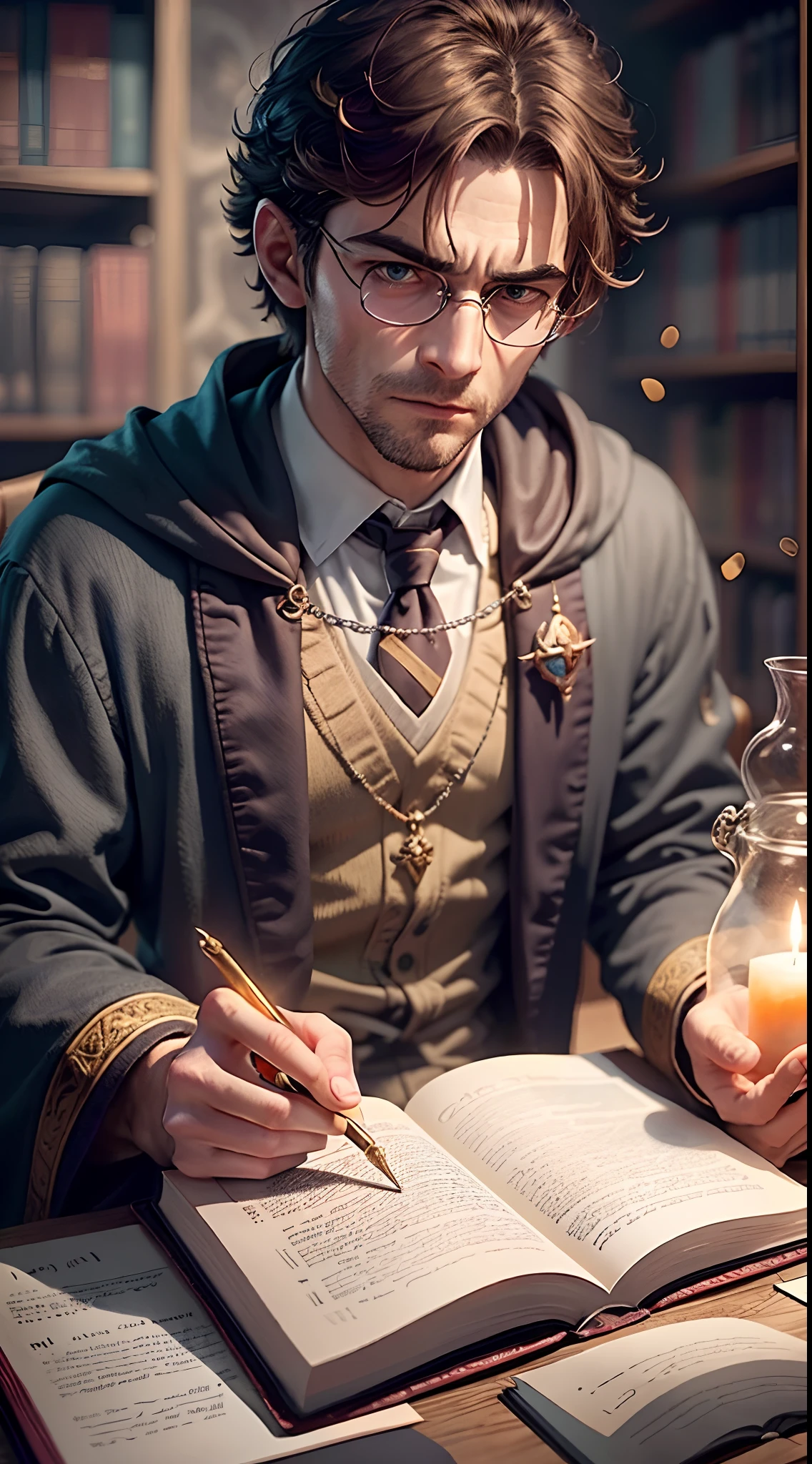 (Male magic teacher in the Harry Potter universe), A look of determination,A vibrant magic mystery potions classroom, Magic Book, Cast a magic wand, Flashing spell effect, Spin the robe, Engaging lectures, Engaging storytelling, Enigmatic Atmosphere, Flashing candlelight, Spells and charms, Wonderful exams, Wizard test, Brewing potions, intense concentration, magical artifacts, enchanting spell, Engaging course。"