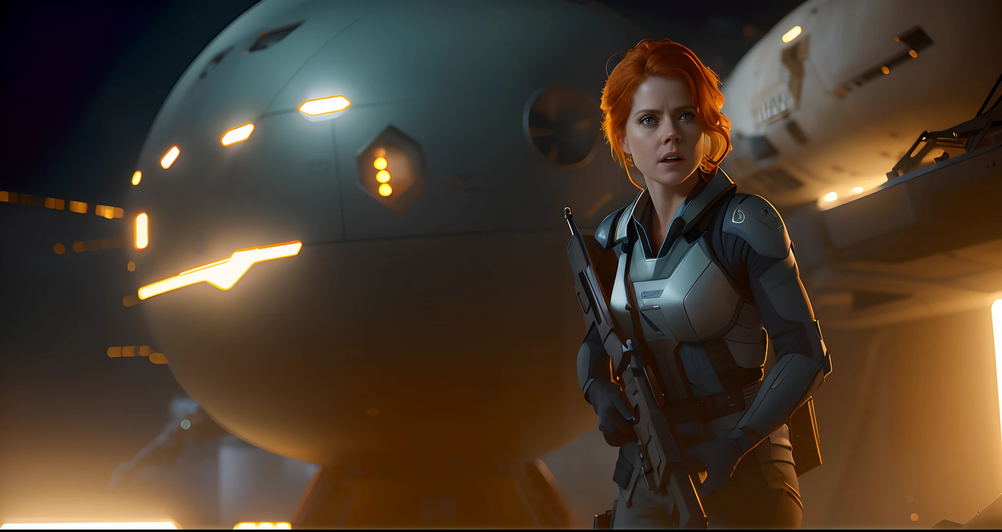 Hot terrified Sci fi Amy Adams holding a sci fi weapon on Ishimura Horror Space Ship photography, natural light, photorealism, cinematic rendering, ray tracing, the highest quality, the highest detail, Cinematic, Third-Person View, Blur Effect, Long Exposure, 8K, Ultra-HD, Natural Lighting, Moody Lighting, Cinematic Lighting