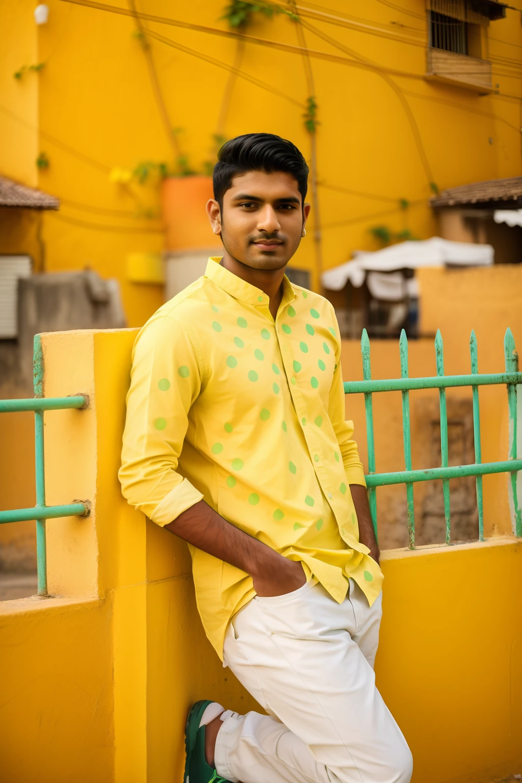 arafed man leaning against a yellow wall with a green shirt, jayison devadas, ayan nag, taken with canon 8 0 d, riyahd cassiem, * colour splash *, candid picture, with a cool pose, full body photogenic shot, taken with sony alpha 9, very artistic pose, taken with canon eos 5 d mark iv, mohamed chahin