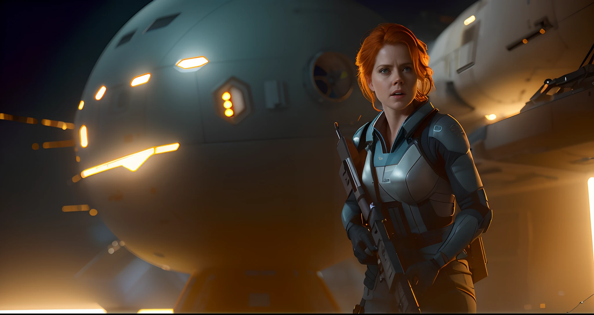 Hot terrified Sci fi Amy Adams holding a sci fi weapon on Ishimura Horror Space Ship photography, natural light, photorealism, cinematic rendering, ray tracing, the highest quality, the highest detail, Cinematic, Third-Person View, Blur Effect, Long Exposure, 8K, Ultra-HD, Natural Lighting, Moody Lighting, Cinematic Lighting