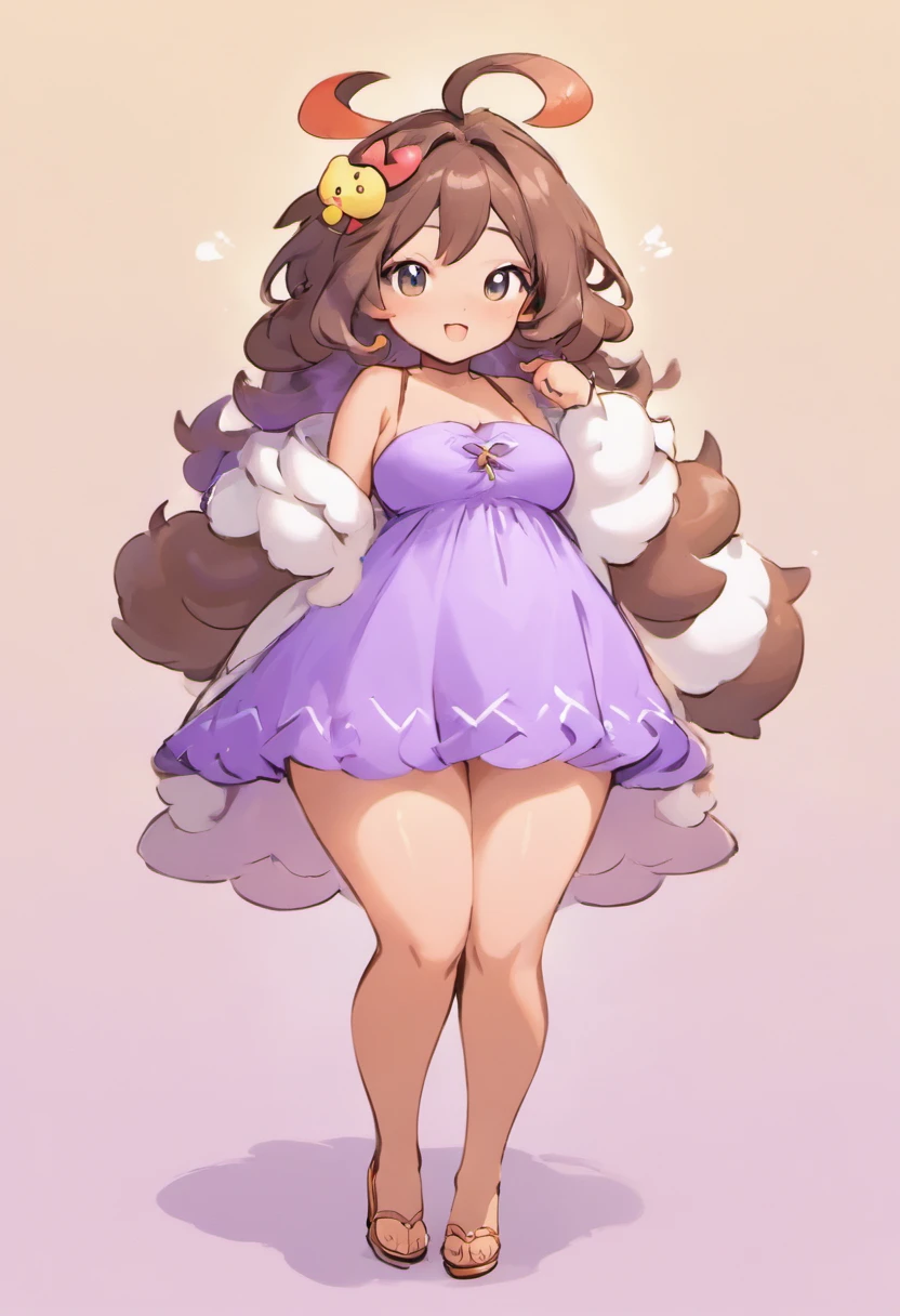 mulher gorda, obesa, brasileira, cabelo castanho ondulado, seios pequenos, comfy clothes, estilo comfy, morena, olhos marrons, fundo branco, 4k, vestido lilac