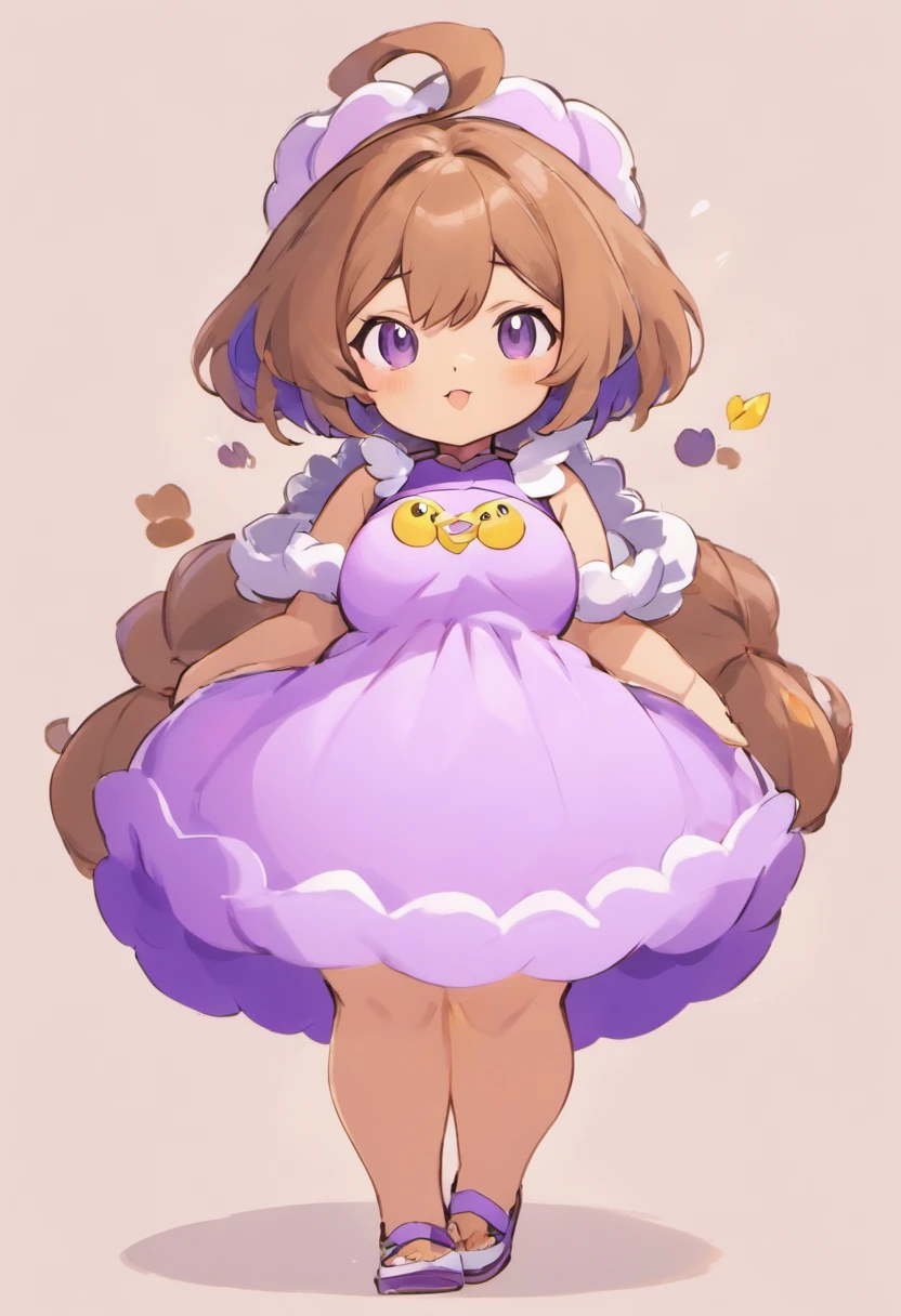 mulher gorda, obesa, brasileira, cabelo castanho ondulado, seios pequenos, comfy clothes, estilo comfy, morena, olhos marrons, fundo branco, 4k, vestido lilac