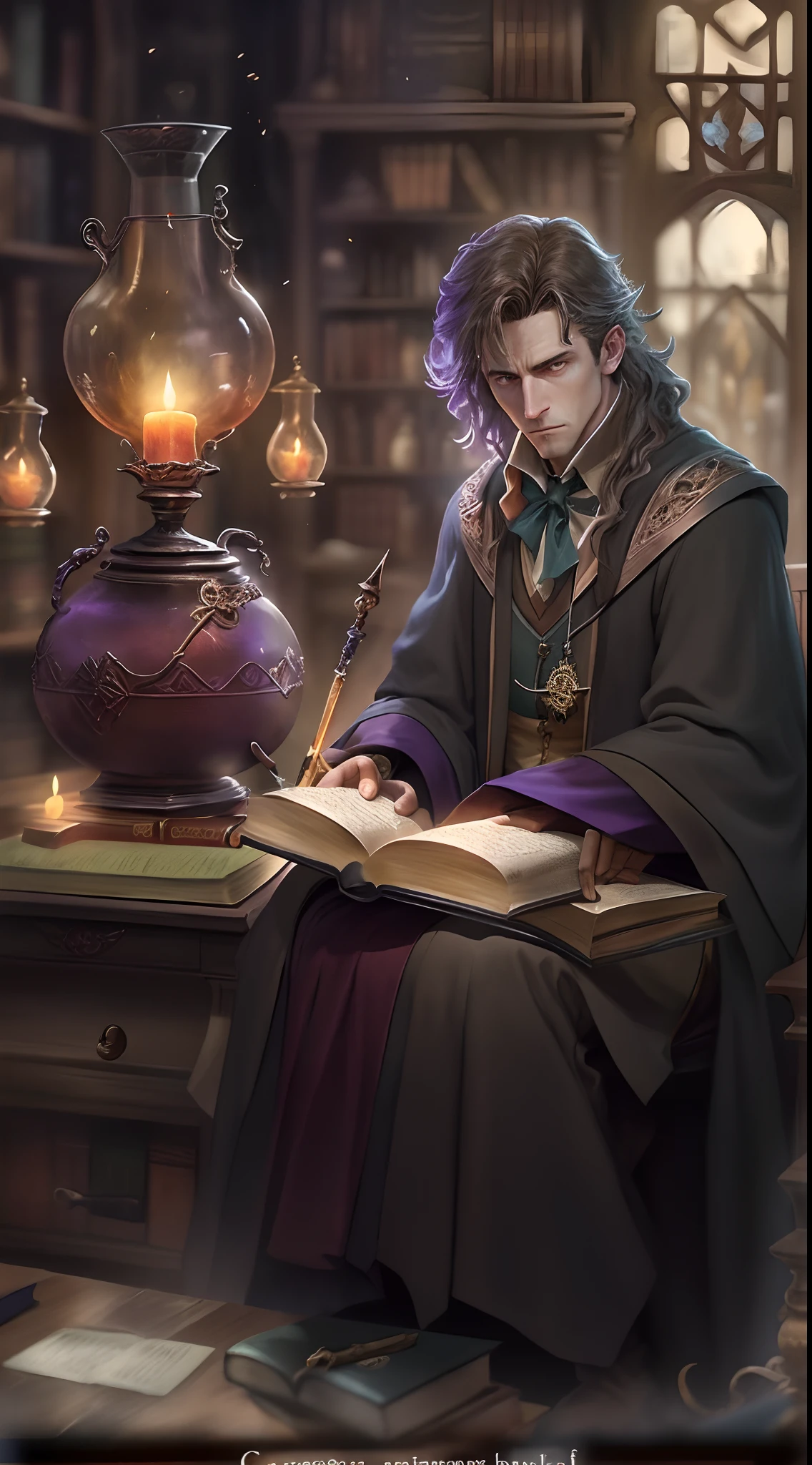 (Male magic teacher in the Harry Potter universe), A look of determination,A vibrant magical mystery potions classroom, Magic Book, Cast a magic wand, Flashing spell effect, Spin the robe, Engaging lectures, Engaging storytelling, Enigmatic Atmosphere, Flashing candlelight, Spells and charms, Wonderful exams, Wizard test, Brewing potions, intense concentration, magical artifacts, enchanting spell, Engaging course。"