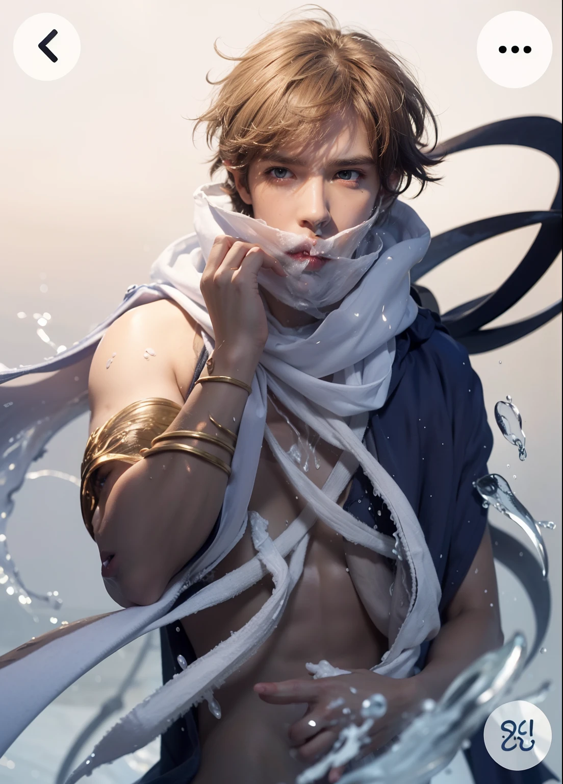 best quality, masterpiece, (photorealistic:1.4), 1boy ,  shirt with collars, waist up, dramatic lighting, from below , handsome, sixpack, charming, masculine, white skin, naked,Not wearing underwear , male genitalia exposed, large long veined hard erect male genitalia, brown short hair, blue eyes,Body covered with transparent viscous white fluid and sperm, oral sex, sucking male genitalia, water magic ,Cloak made of water, Naked, bare chest,, sharks,red eye ball, Super tight panties, ,fish tail, sex ,naked, masturbasi, sword water ,Sixpack visible,deepblue dress