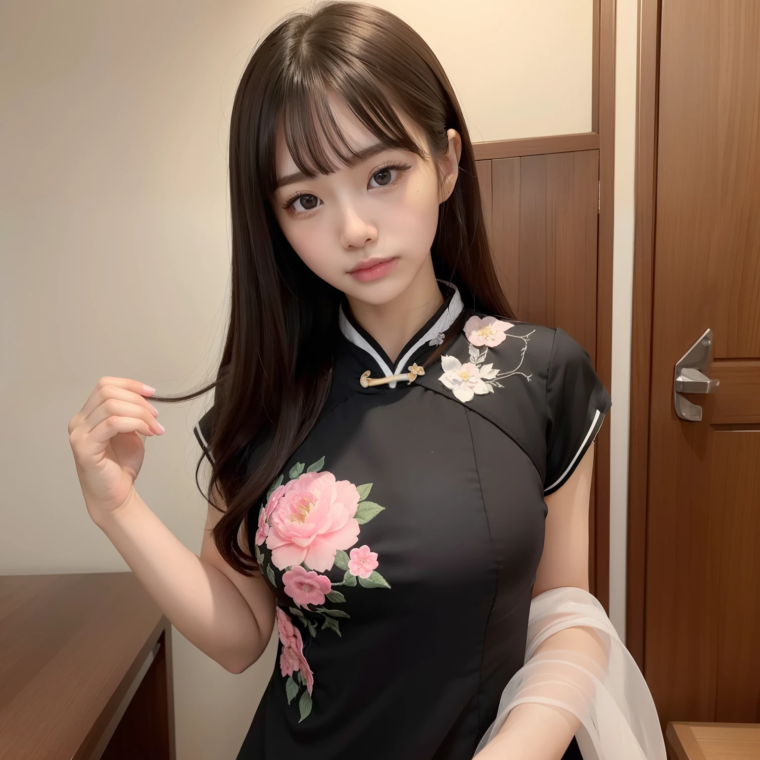 (8k, RAW photo, highest quality, from below:1.2, masterpiece:1.2, genuineistic, ultra high resolution, high contrast, photon mapping, genuine, Super detailed, official art, RAW photo, chic light, dim atmosphere, High-definition CG, unity 8k, ((highest quality, 8k, masterpiece: 1.3)), Snazzy, Chandelier Light), Super detailed, where(Anna Millers), when(night), who:(Anna Millersウエイトレス),( brown ponytail, Pink Ribbon Hair Clip, Snazzyメイド服, pink bow tie, Snazzy白いレース模様のついたブラウス, pleated skirt), what( pose in a fun and attractive way),