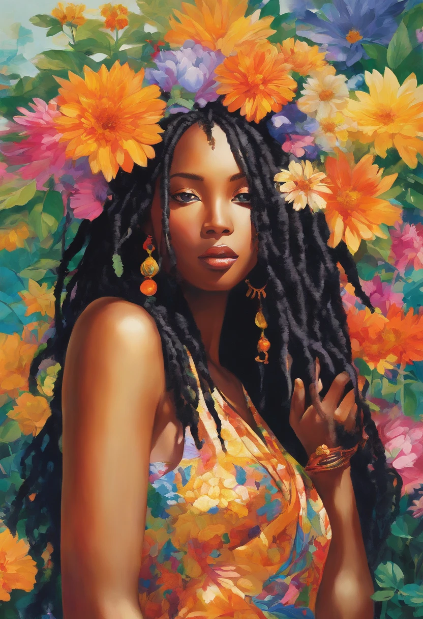 (a girl,a woman,a lady) with (ebony,black) (skin,complexion) and (long, flowing) (black, dark) (dreadlocks, hair), (beautiful detailed eyes,beautiful detailed lips,extremely detailed eyes and face,longeyelashes). She is (standing,sitting) in a (lush, vibrant) garden surrounded by (colorful, blooming) flowers. She is wearing a (colorful, flowing) dress, and her (graceful, elegant) posture exudes confidence and (femininity, strength). The sunlight gently illuminates her face, casting a soft and (warm,golden) glow. The scene is (realistic,photorealistic:1.37) and (best quality,highres), with (vivid,rich) colors and (sharp,defined) details.