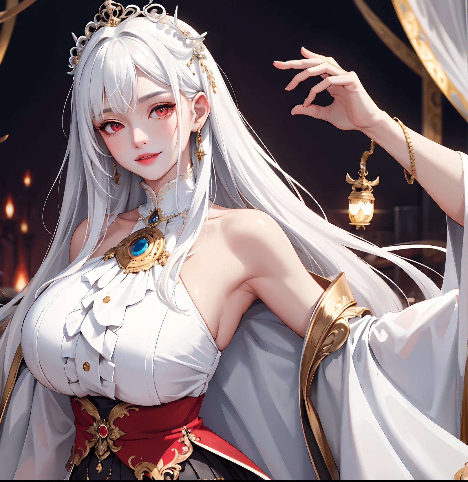 Stunning, masterpiece, high detail, semi-realistic, 1 female, milf, upper body, priest, hiqcgbody, medium pecs, cleavage, perfect face, red eyes, white hair, jewelry, gems, necklace, background castle, depth of field, blurred background, looking at the viewer, motion blur, dynamic angles,