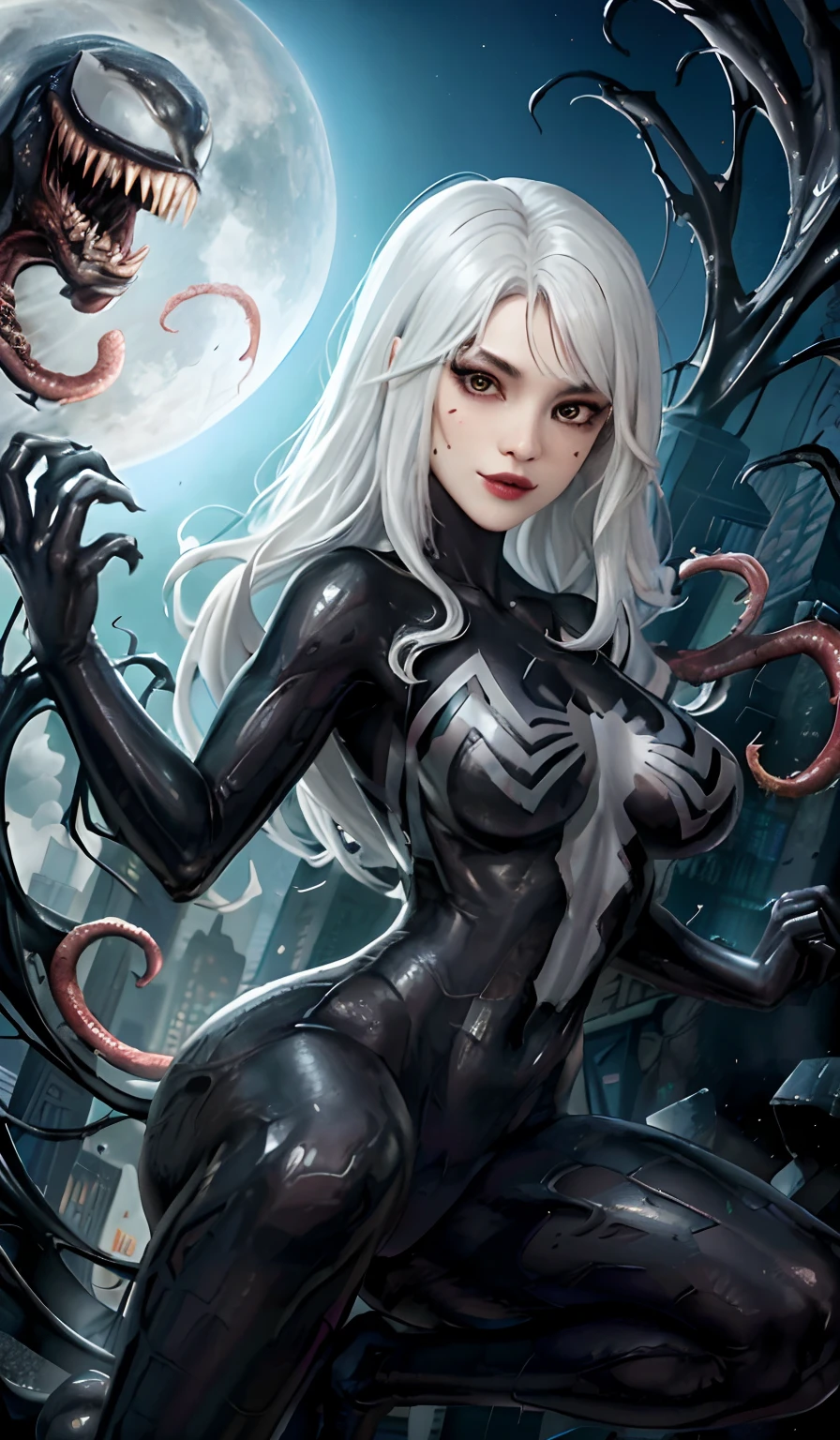 4K，realisticlying，Glamorous，The is very detailed，There is a girl in Dingcheng，Wearing a black Spider-Man costume，（Black and white：1.4） the night,symbiote，venomize，a large amount of mucus,she is a spiderman，Black superhero theme，In front of the sky，Flushed complexion，( Open legs， camel-toe，， Vulvar shape：1.3） ,(Hold the wrist of one hand，Place the wrist of the other hand in front of your abdomen),long  white hair，25 age old，full bodyesbian