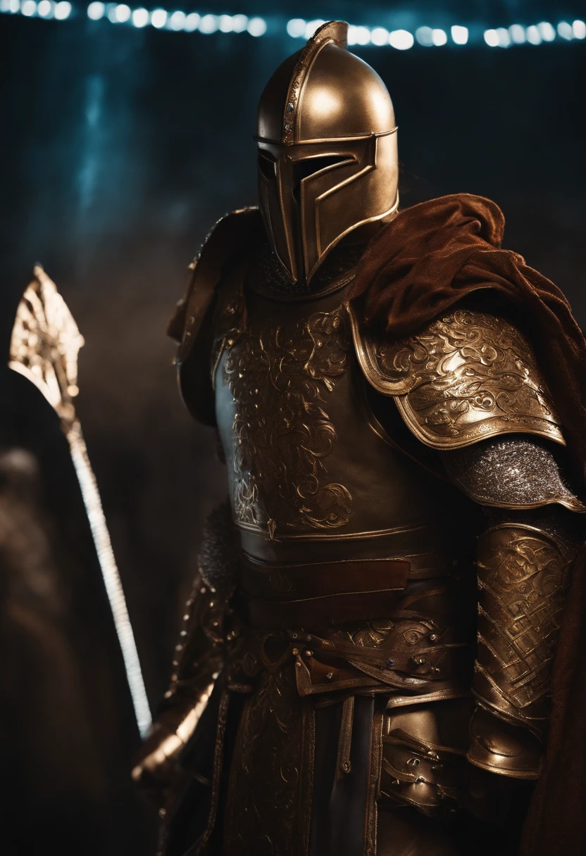 Gladiador com armadura, olhos claros brilhantes, estranho, assustador, Pesadelo, cores muito brilhantes, light particles, com luz brilhante, Arte do papel de parede, Papel de parede UHD