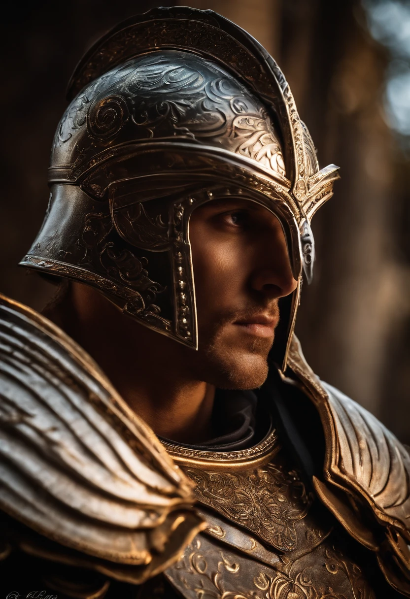 Gladiador com armadura, olhos claros brilhantes, estranho, assustador, Pesadelo, cores muito brilhantes, light particles, com luz brilhante, Arte do papel de parede, Papel de parede UHD