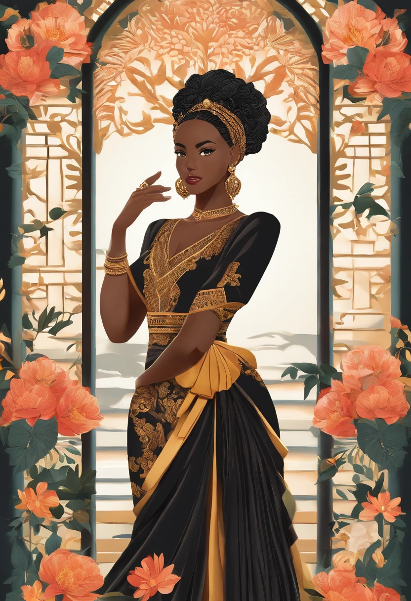 (a girl,a woman,a lady) with (ebony,black) (skin,complexion) and (long, flowing) (black, dark) (dreadlocks, hair), (beautiful detailed eyes,beautiful detailed lips,extremely detailed eyes and face,longeyelashes). She is (standing,sitting) in a (lush, vibrant) garden surrounded by (colorful, blooming) flowers. She is wearing a (colorful, flowing) dress, and her (graceful, elegant) posture exudes confidence and (femininity, strength). The sunlight gently illuminates her face, casting a soft and (warm,golden) glow. The scene is (realistic,photorealistic:1.37) and (best quality,highres), with (vivid,rich) colors and (sharp,defined) details.