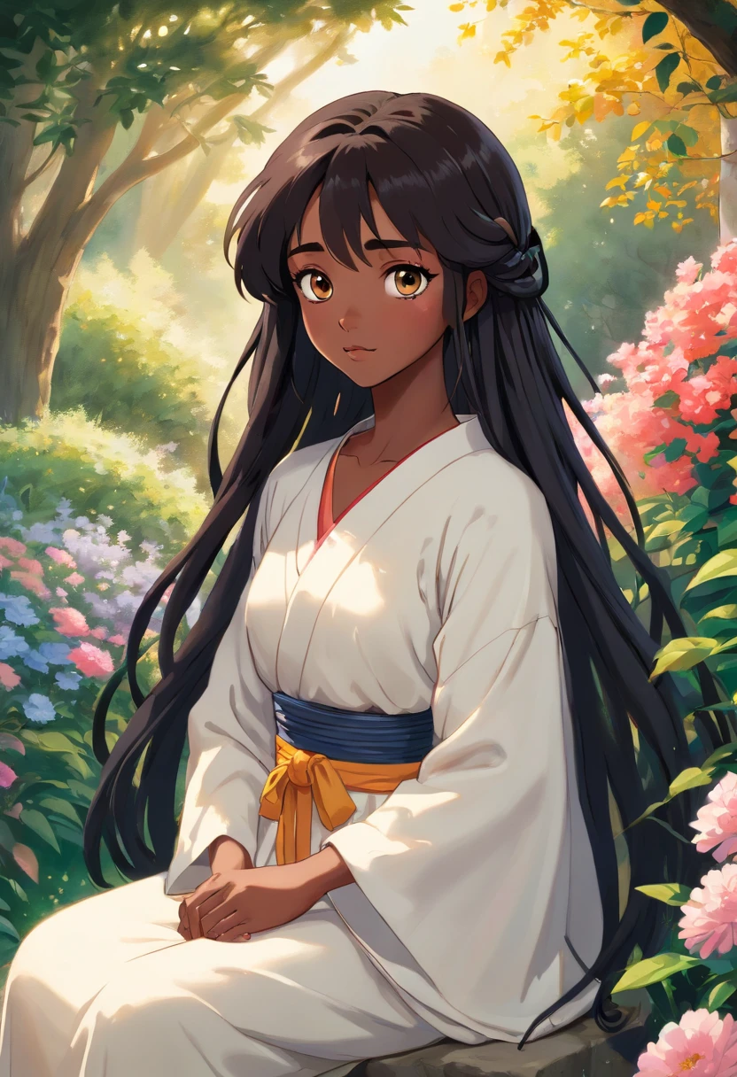 (a girl,a woman,a lady) with (ebony,black) (skin,complexion) and (long, flowing) (black, dark) (dreadlocks, hair), (beautiful detailed eyes,beautiful detailed lips,extremely detailed eyes and face,longeyelashes). She is (standing,sitting) in a (lush, vibrant) garden surrounded by (colorful, blooming) flowers. She is wearing a (colorful, flowing) dress, and her (graceful, elegant) posture exudes confidence and (femininity, strength). The sunlight gently illuminates her face, casting a soft and (warm,golden) glow. The scene is (realistic,photorealistic:1.37) and (best quality,highres), with (vivid,rich) colors and (sharp,defined) details.
