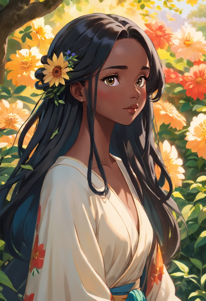 (a girl,a woman,a lady) with (ebony,black) (skin,complexion) and (long, flowing) (black, dark) (dreadlocks, hair), (beautiful detailed eyes,beautiful detailed lips,extremely detailed eyes and face,longeyelashes). She is (standing,sitting) in a (lush, vibrant) garden surrounded by (colorful, blooming) flowers. She is wearing a (colorful, flowing) dress, and her (graceful, elegant) posture exudes confidence and (femininity, strength). The sunlight gently illuminates her face, casting a soft and (warm,golden) glow. The scene is (realistic,photorealistic:1.37) and (best quality,highres), with (vivid,rich) colors and (sharp,defined) details.