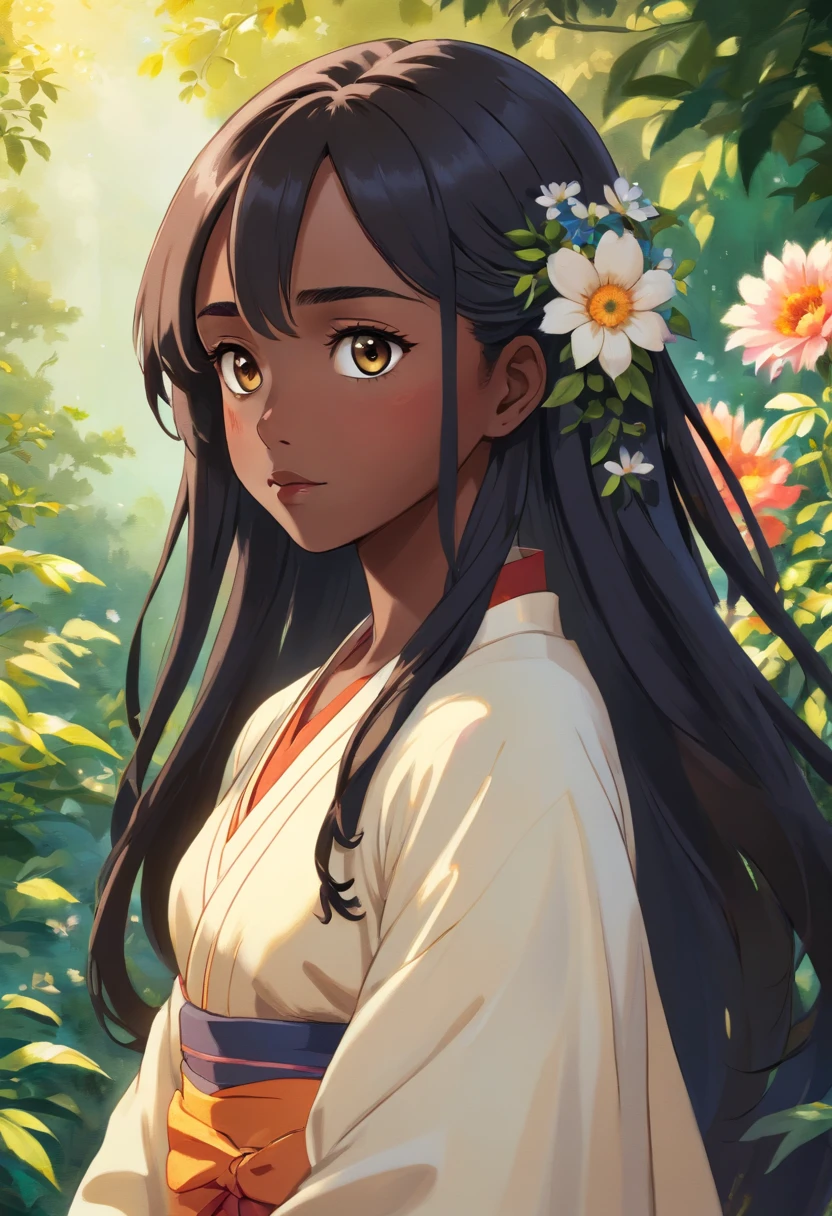 (a girl,a woman,a lady) with (ebony,black) (skin,complexion) and (long, flowing) (black, dark) (dreadlocks, hair), (beautiful detailed eyes,beautiful detailed lips,extremely detailed eyes and face,longeyelashes). She is (standing,sitting) in a (lush, vibrant) garden surrounded by (colorful, blooming) flowers. She is wearing a (colorful, flowing) dress, and her (graceful, elegant) posture exudes confidence and (femininity, strength). The sunlight gently illuminates her face, casting a soft and (warm,golden) glow. The scene is (realistic,photorealistic:1.37) and (best quality,highres), with (vivid,rich) colors and (sharp,defined) details.