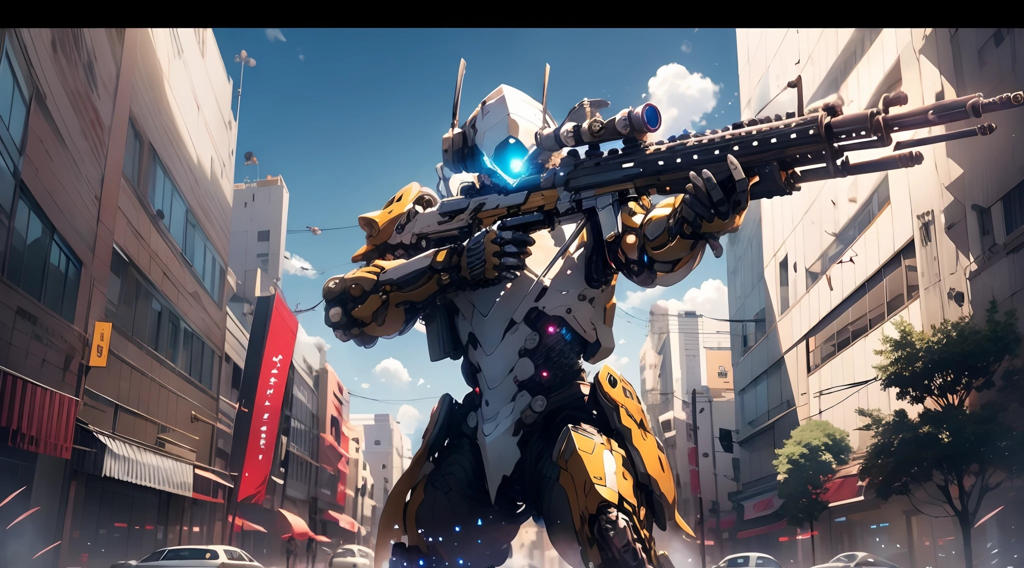 A cyborg man in uniform holding a rifle and aiming at something, sniper rifle sopmod cyborg frontline,, fine details. from girls frontline, with rifle, cyborg frontline cg, anime style 4 k, cyborg frontline, clean detailed anime style, 4 k manga wallpaper, anime style. 8k, anime machine gun fire