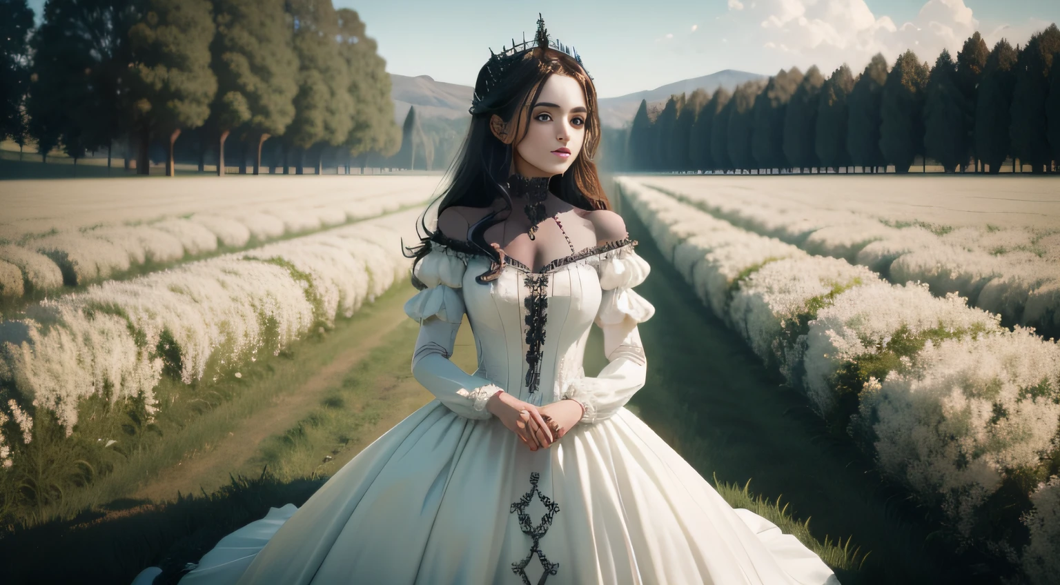 gothic aesthetic, girl with a white gown in the green field, moonson weather