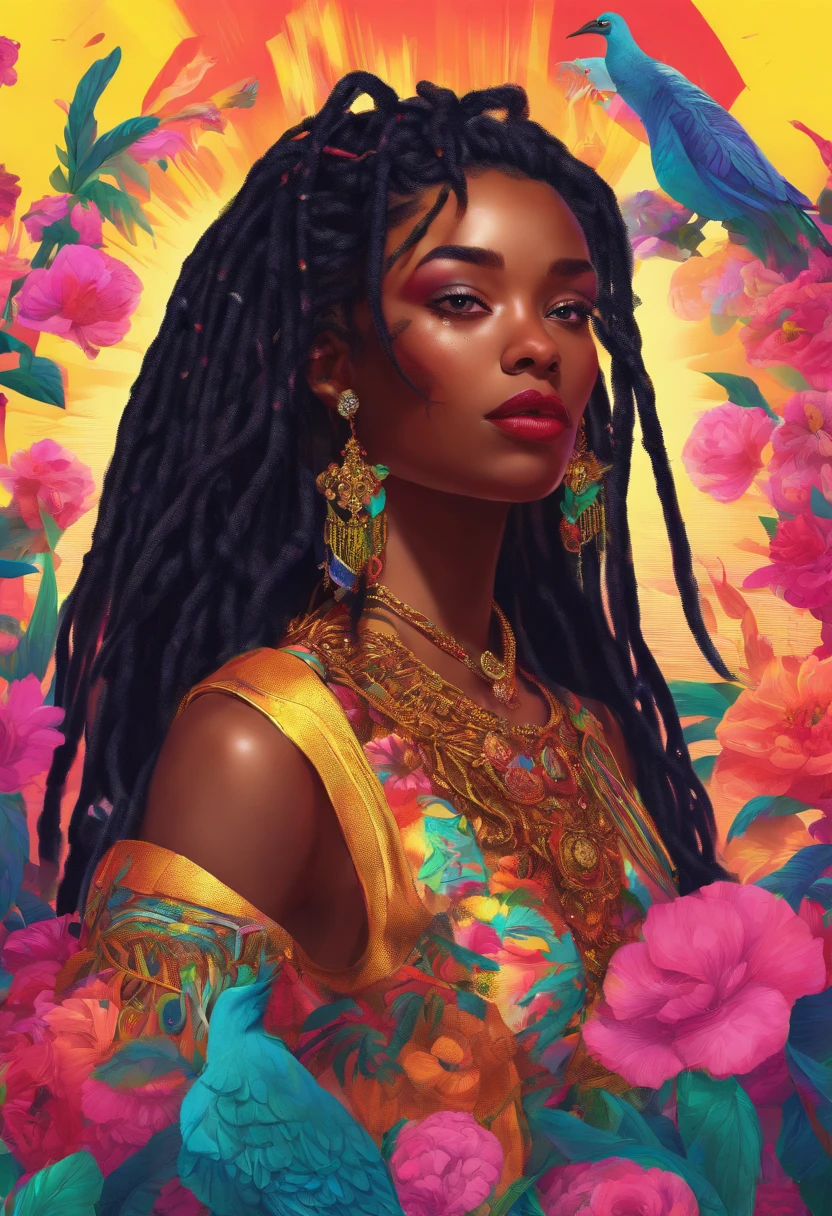 (a girl,a woman,a lady) with (ebony,black) (skin,complexion) and (long, flowing) (black, dark) (dreadlocks, hair), (beautiful detailed eyes,beautiful detailed lips,extremely detailed eyes and face,longeyelashes). She is (standing,sitting) in a (lush, vibrant) garden surrounded by (colorful, blooming) flowers. She is wearing a (colorful, flowing) dress, and her (graceful, elegant) posture exudes confidence and (femininity, strength). The sunlight gently illuminates her face, casting a soft and (warm,golden) glow. The scene is (realistic,photorealistic:1.37) and (best quality,highres), with (vivid,rich) colors and (sharp,defined) details.