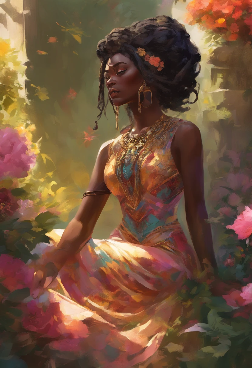 (a girl,a woman,a lady) with (ebony,black) (skin,complexion) and (long, flowing) (black, dark) (dreadlocks, hair), (beautiful detailed eyes,beautiful detailed lips,extremely detailed eyes and face,longeyelashes). She is (standing,sitting) in a (lush, vibrant) garden surrounded by (colorful, blooming) flowers. She is wearing a (colorful, flowing) dress, and her (graceful, elegant) posture exudes confidence and (femininity, strength). The sunlight gently illuminates her face, casting a soft and (warm,golden) glow. The scene is (realistic,photorealistic:1.37) and (best quality,highres), with (vivid,rich) colors and (sharp,defined) details.