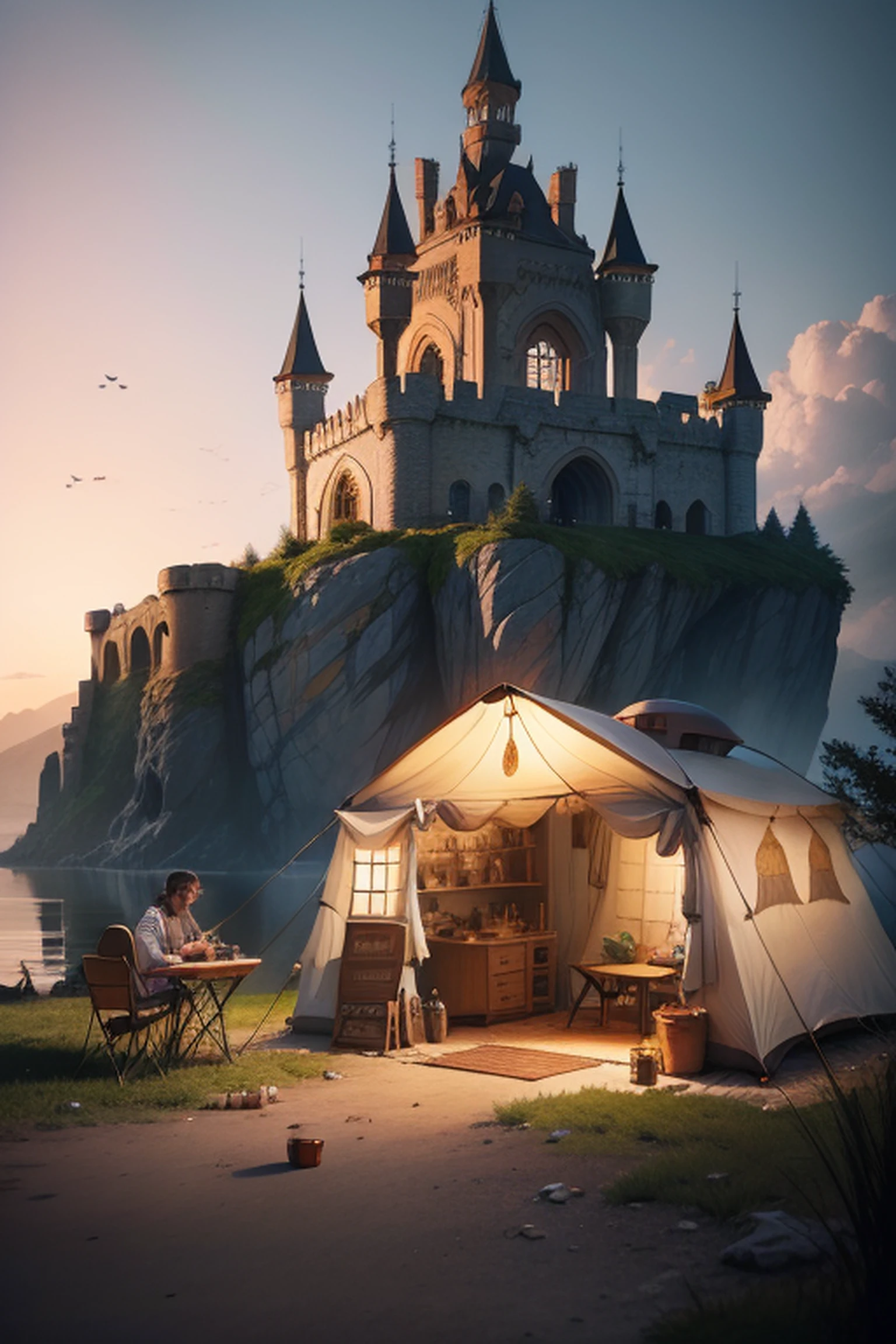 hippies campers outside of the fortress, intricate details, high quality, realistic, evening, background,  inspired by Stjepan Sejic, Carne Griffiths, high quality photo, afp, ultra hd, realistic, vivid colors, highly detailed, UHD drawing, pen and ink, perfect composition, beautiful detailed intricate insanely detailed octane render trending on artstation, 8k artistic photography, photorealistic concept art, soft natural volumetric cinematic perfect light