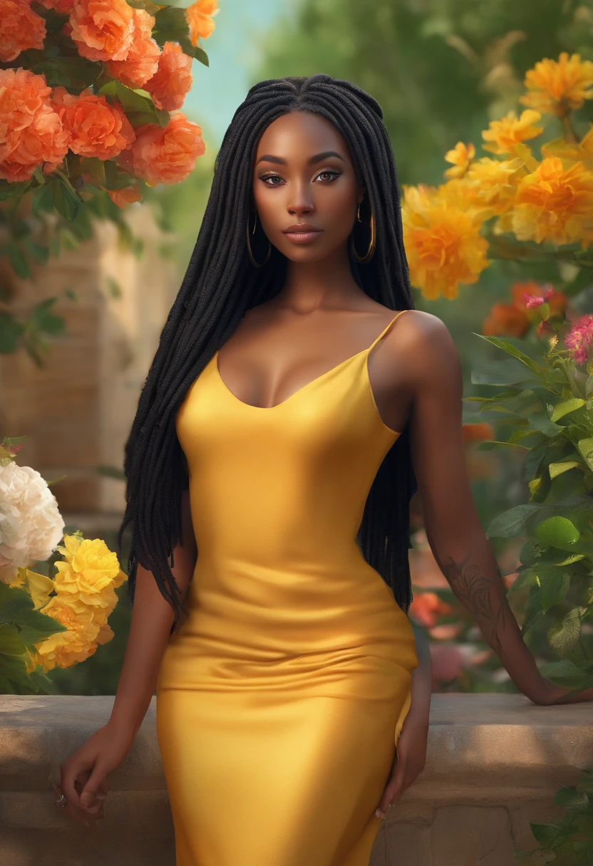 (a girl,a woman,a lady) with (ebony,black) (skin,complexion) and (long, flowing) (black, dark) (dreadlocks, hair), (beautiful detailed eyes,beautiful detailed lips,extremely detailed eyes and face,longeyelashes). She is (standing,sitting) in a (lush, vibrant) garden surrounded by (colorful, blooming) flowers. She is wearing a (colorful, flowing) dress, and her (graceful, elegant) posture exudes confidence and (femininity, strength). The sunlight gently illuminates her face, casting a soft and (warm,golden) glow. The scene is (realistic,photorealistic:1.37) and (best quality,highres), with (vivid,rich) colors and (sharp,defined) details.