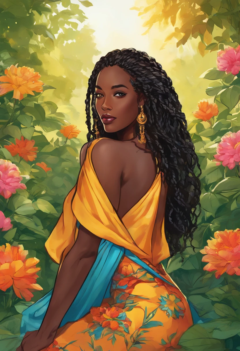 (a girl,a woman,a lady) with (ebony,black) (skin,complexion) and (long, flowing) (black, dark) (dreadlocks, hair), (beautiful detailed eyes,beautiful detailed lips,extremely detailed eyes and face,longeyelashes). She is (standing,sitting) in a (lush, vibrant) garden surrounded by (colorful, blooming) flowers. She is wearing a (colorful, flowing) dress, and her (graceful, elegant) posture exudes confidence and (femininity, strength). The sunlight gently illuminates her face, casting a soft and (warm,golden) glow. The scene is (realistic,photorealistic:1.37) and (best quality,highres), with (vivid,rich) colors and (sharp,defined) details.