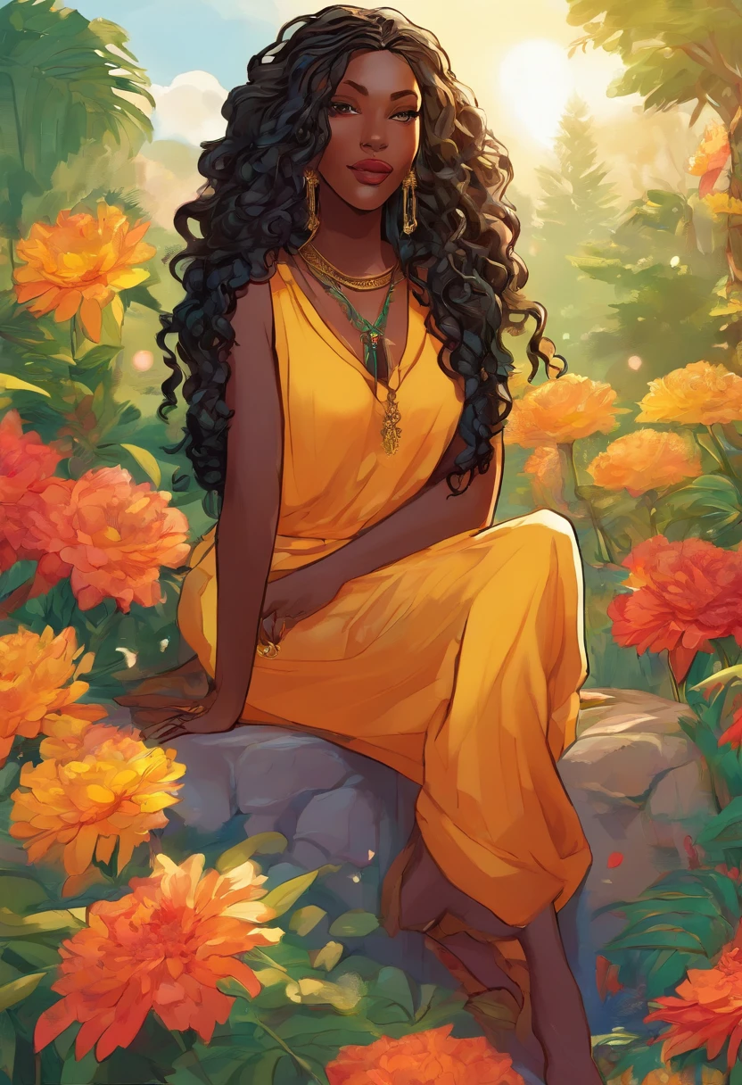 (a girl,a woman,a lady) with (ebony,black) (skin,complexion) and (long, flowing) (black, dark) (dreadlocks, hair), (beautiful detailed eyes,beautiful detailed lips,extremely detailed eyes and face,longeyelashes). She is (standing,sitting) in a (lush, vibrant) garden surrounded by (colorful, blooming) flowers. She is wearing a (colorful, flowing) dress, and her (graceful, elegant) posture exudes confidence and (femininity, strength). The sunlight gently illuminates her face, casting a soft and (warm,golden) glow. The scene is (realistic,photorealistic:1.37) and (best quality,highres), with (vivid,rich) colors and (sharp,defined) details.