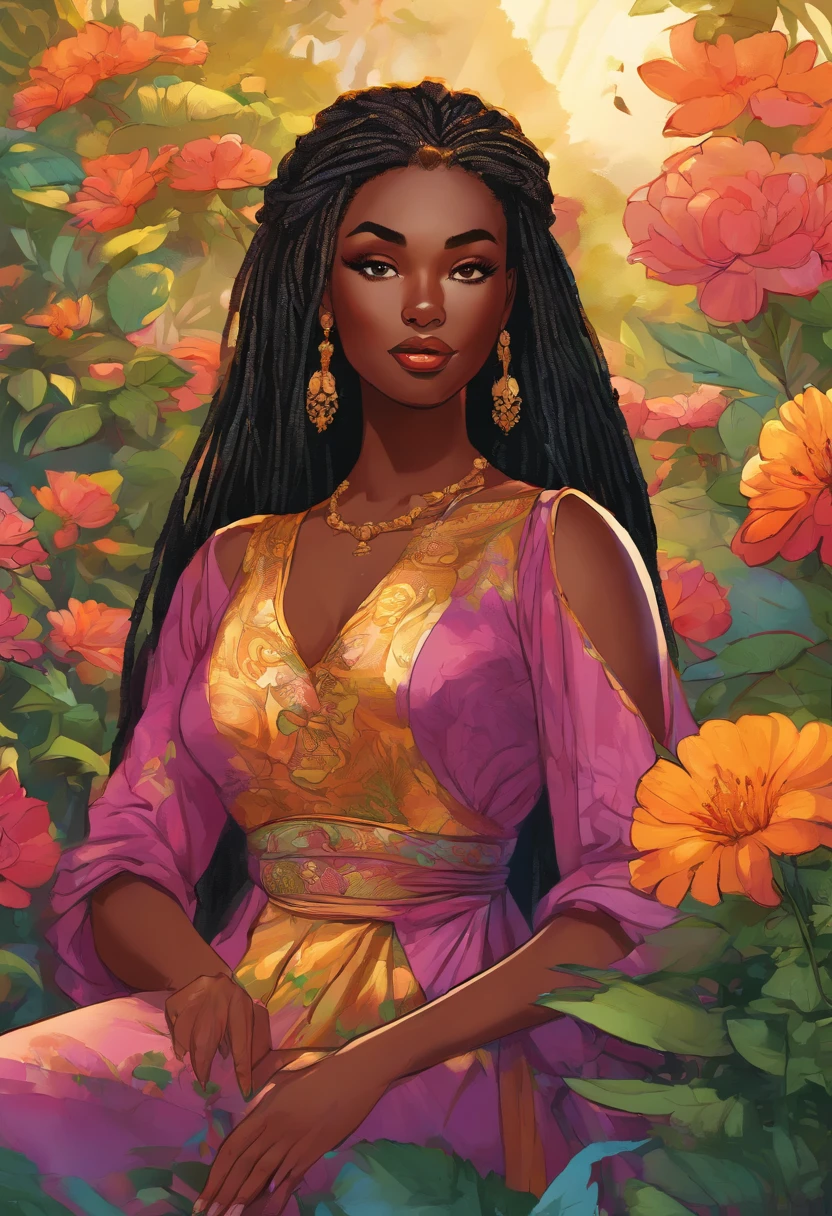 (a girl,a woman,a lady) with (ebony,black) (skin,complexion) and (long, flowing) (black, dark) (dreadlocks, hair), (beautiful detailed eyes,beautiful detailed lips,extremely detailed eyes and face,longeyelashes). She is (standing,sitting) in a (lush, vibrant) garden surrounded by (colorful, blooming) flowers. She is wearing a (colorful, flowing) dress, and her (graceful, elegant) posture exudes confidence and (femininity, strength). The sunlight gently illuminates her face, casting a soft and (warm,golden) glow. The scene is (realistic,photorealistic:1.37) and (best quality,highres), with (vivid,rich) colors and (sharp,defined) details.